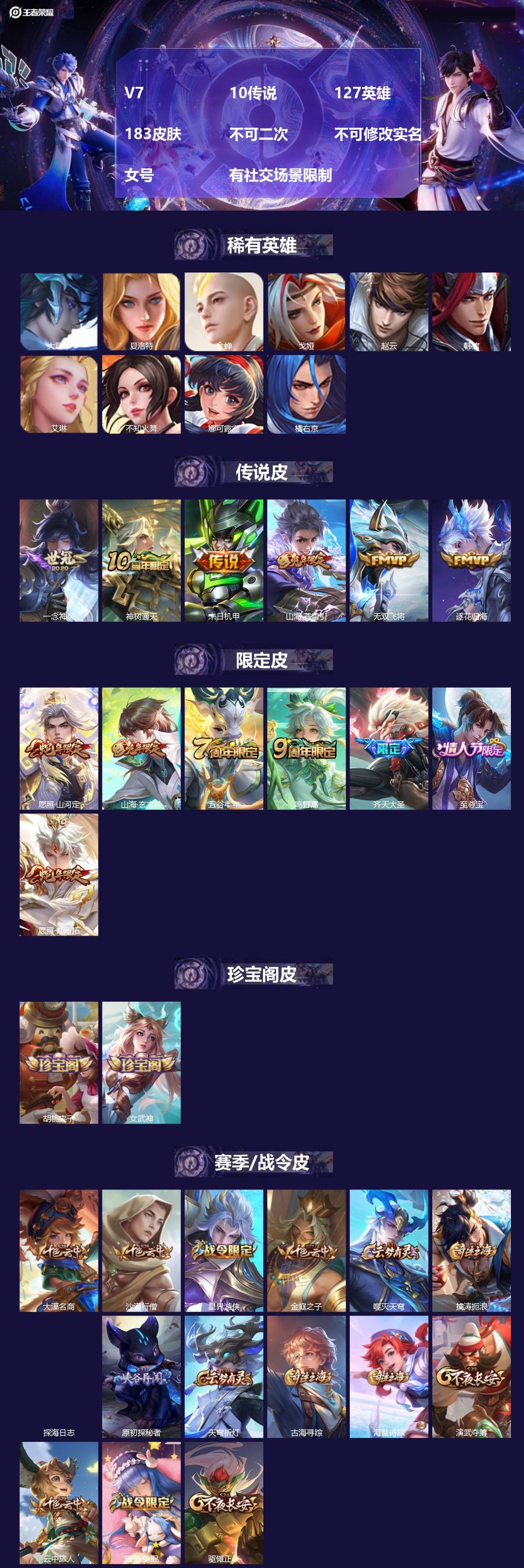 王者荣耀账号苹果VX[25934971]V7 10传说 127英雄 183皮肤 不可二次 不可修改实名 女号 有社交场景