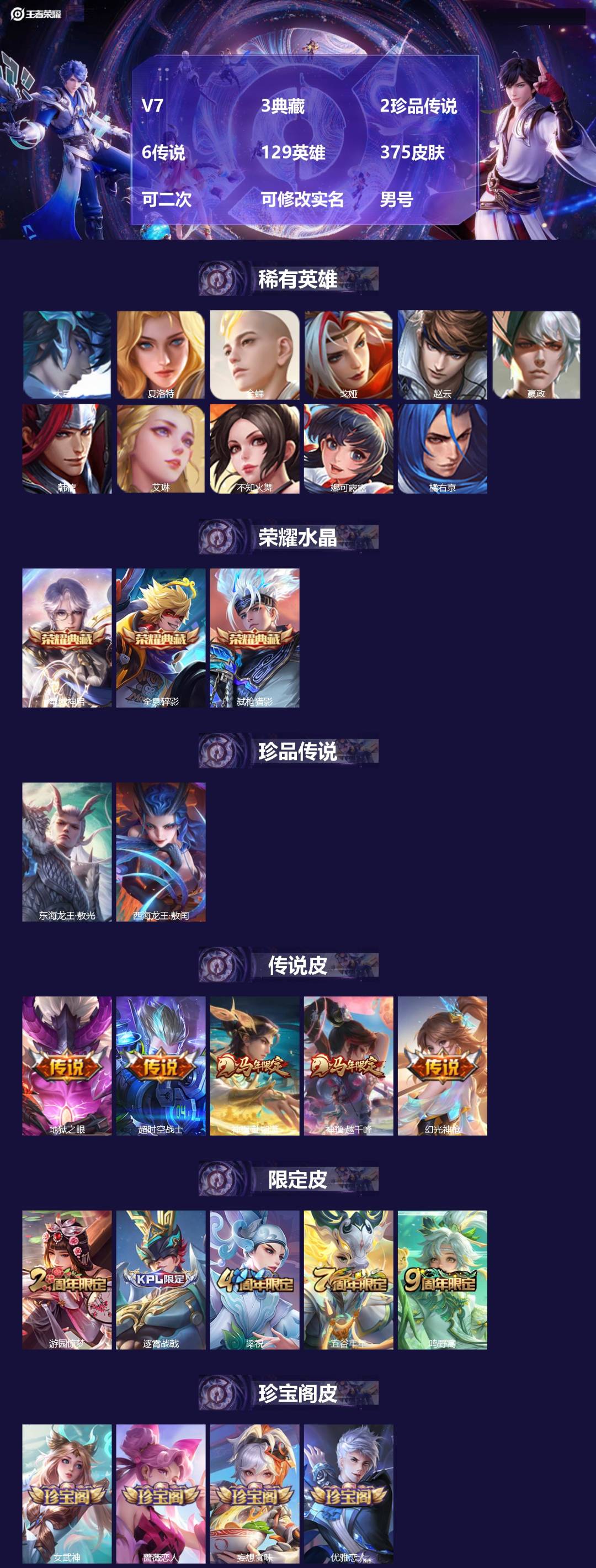 王者荣耀账号安卓QQ[25946933]V7 3典藏 2珍品传说 6传说 129英雄 375皮肤 可二次 可修改实名 男