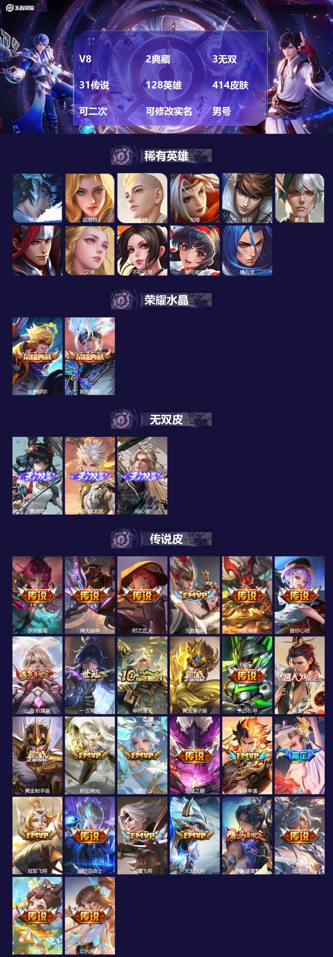 王者荣耀账号安卓QQ[25995205]V8 2典藏 3无双 31传说 128英雄 414皮肤 可二次 可修改实名 男号
