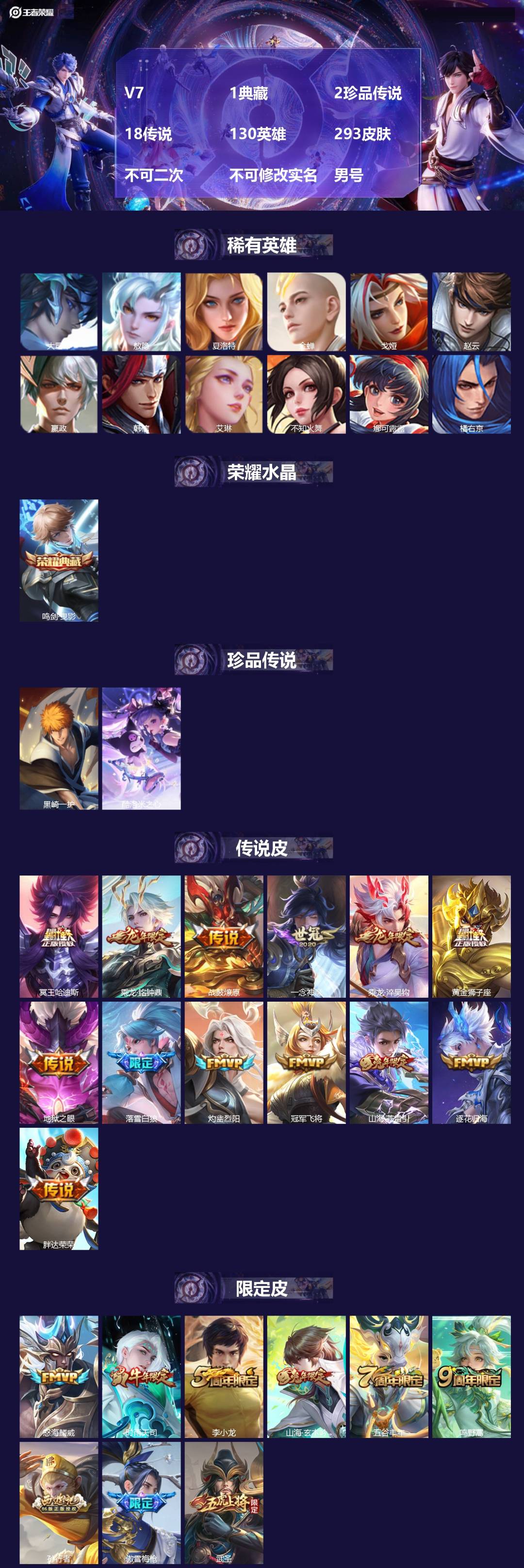 王者荣耀账号苹果QQV7 1典藏 2珍品传说 18传说 130英雄 293皮肤 不可二次 不可修改实名 男号 
【英雄全