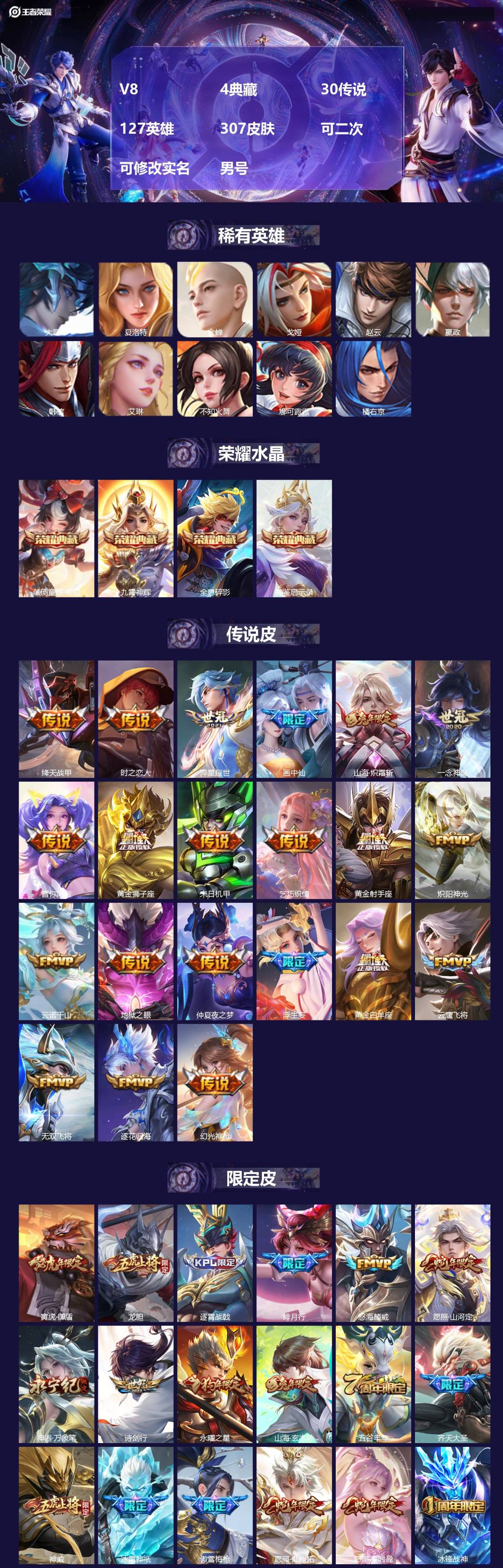 王者荣耀账号安卓QQ[26001023]V8 4典藏 30传说 127英雄 307皮肤 可二次 可修改实名 男号 
【英