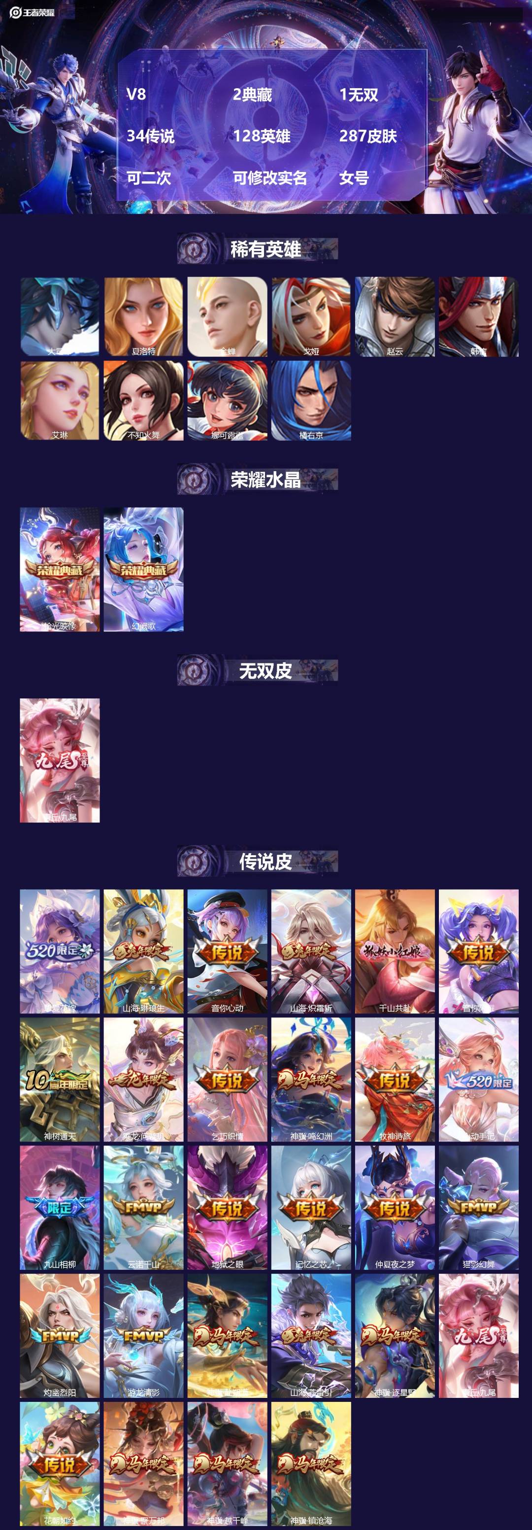 王者荣耀账号安卓VXV8 2典藏 1无双 34传说 128英雄 287皮肤 可二次 可修改实名 女号 
【英雄全皮】朵莉