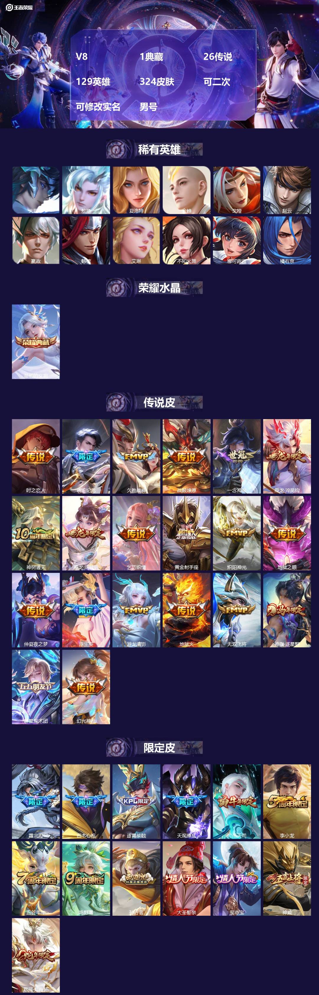 王者荣耀账号苹果QQ[26104430]V8 1典藏 26传说 129英雄 324皮肤 可二次 可修改实名 男号 
【英