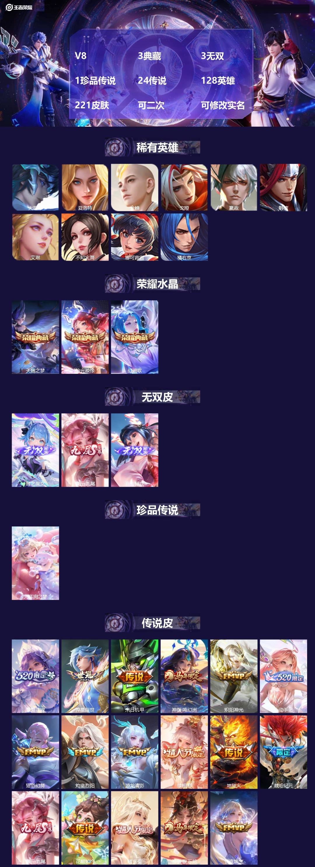 王者荣耀账号苹果QQ[26153725]V8 3典藏 3无双 1珍品传说 24传说 128英雄 221皮肤 可二次 可修