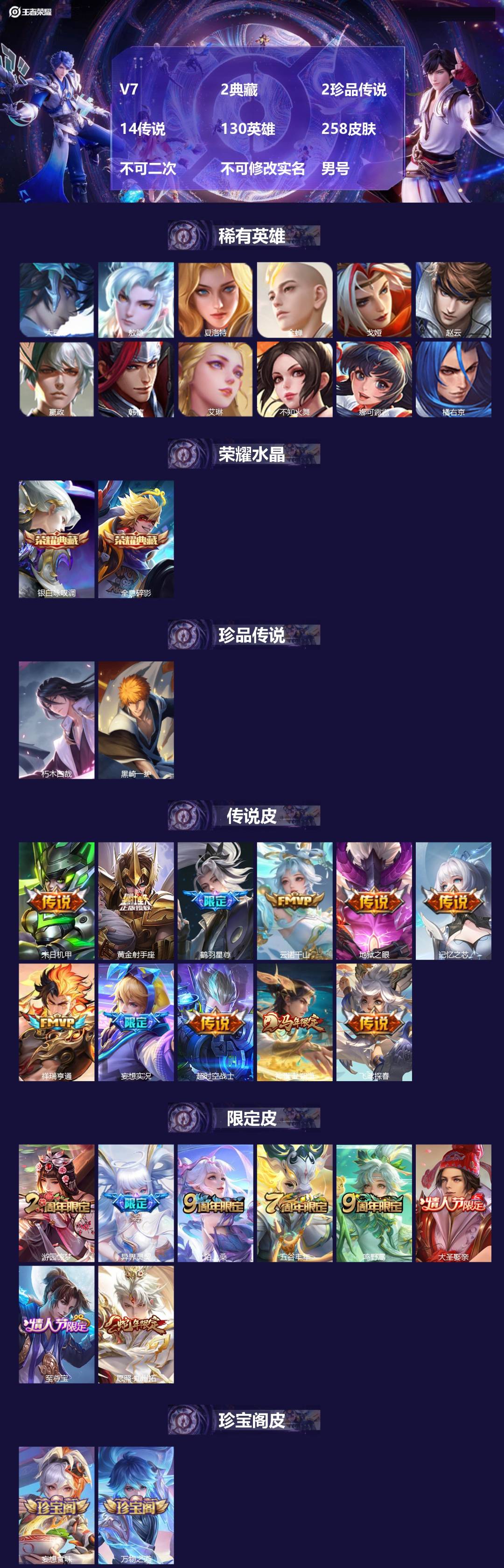 王者荣耀账号安卓QQ[26310491]V7 2典藏 2珍品传说 14传说 130英雄 258皮肤 不可二次 不可修改实