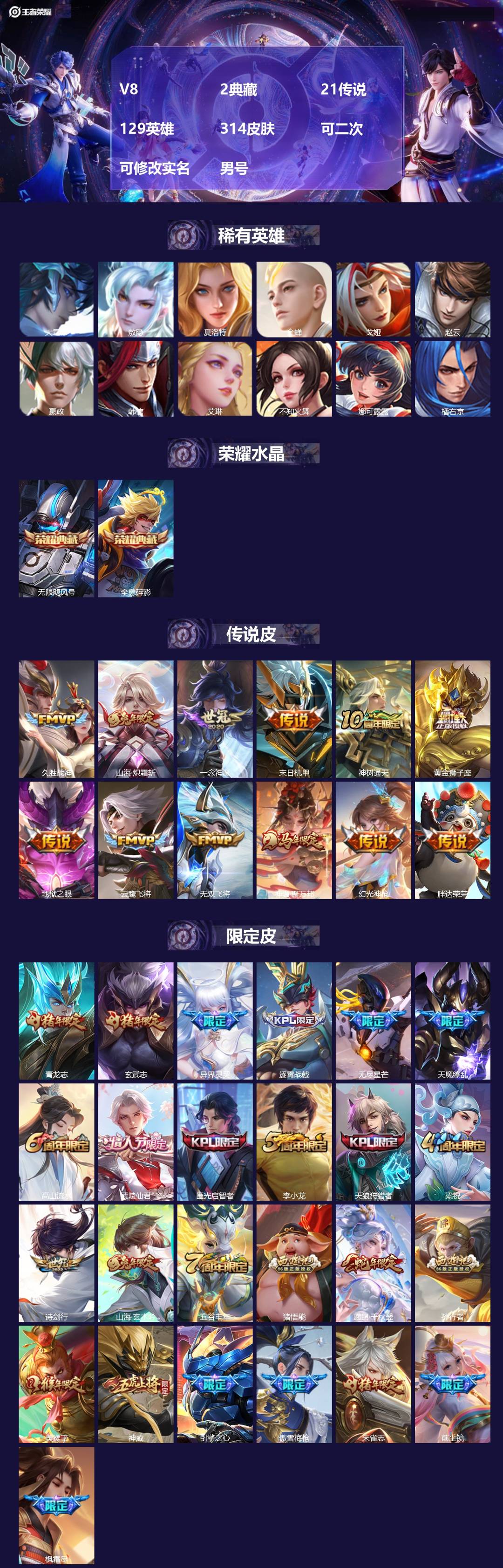王者荣耀账号安卓QQ[26319670]V8 2典藏 21传说 129英雄 314皮肤 可二次 可修改实名 男号 
【英