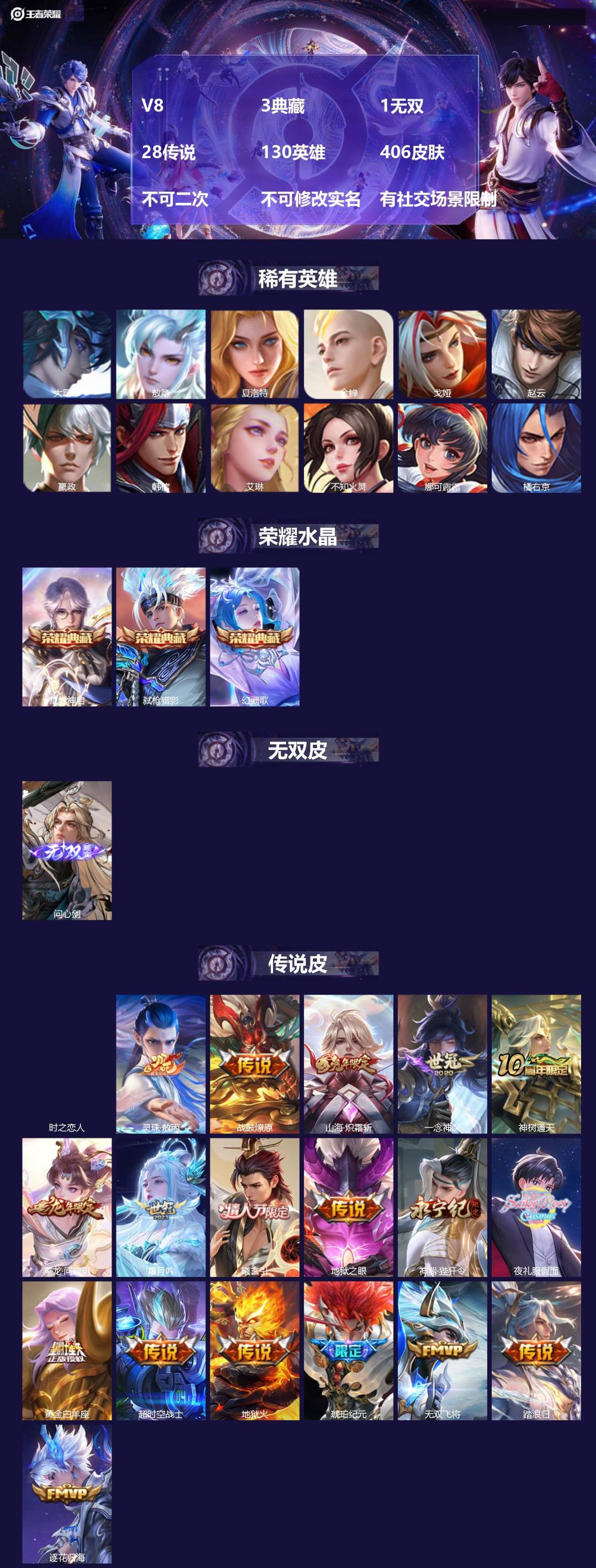 王者荣耀账号苹果VX[26324893]V8 3典藏 1无双 28传说 130英雄 406皮肤 不可二次 不可修改实名 