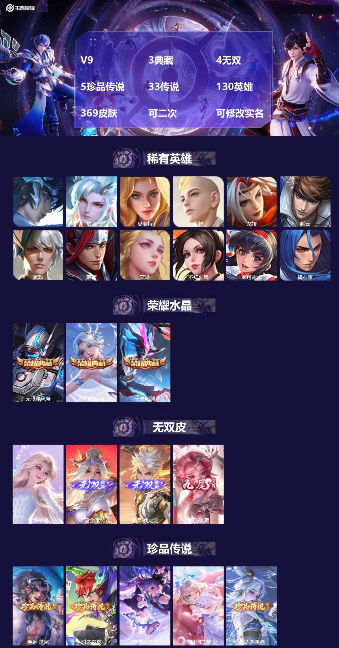 王者荣耀账号安卓VXV9 3典藏 4无双 5珍品传说 33传说 130英雄 369皮肤 可二次 可修改实名 女号 
【英