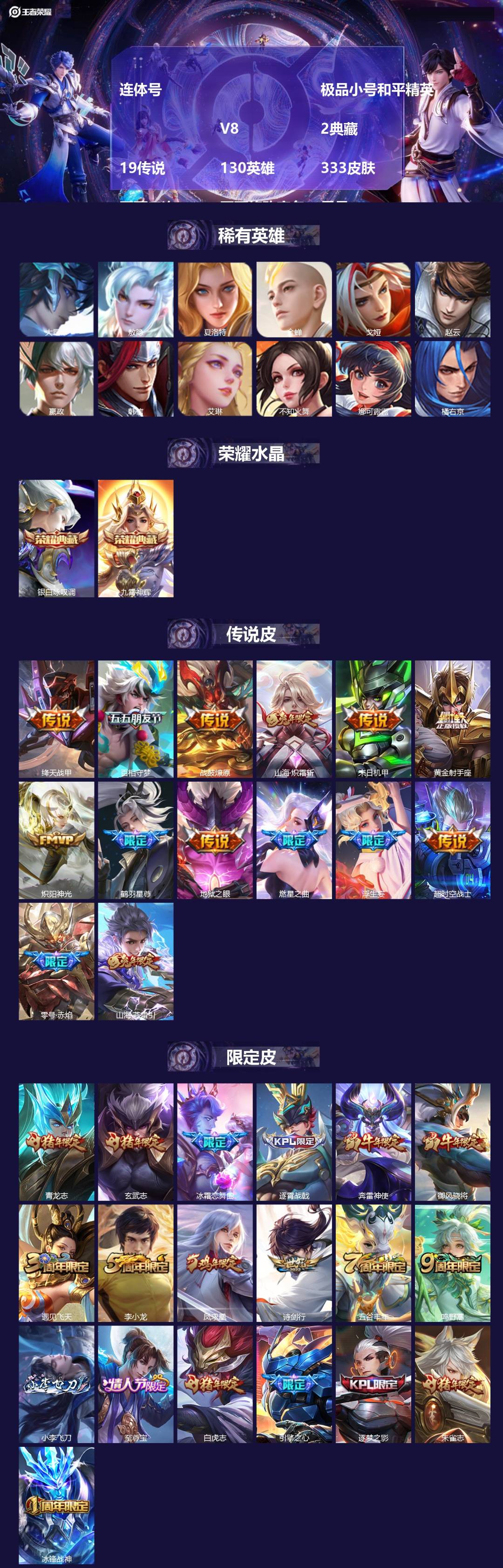 王者荣耀账号安卓QQ[26344203]连体号  极品小号和平精英  V8 2典藏 19传说 130英雄 333皮肤 不