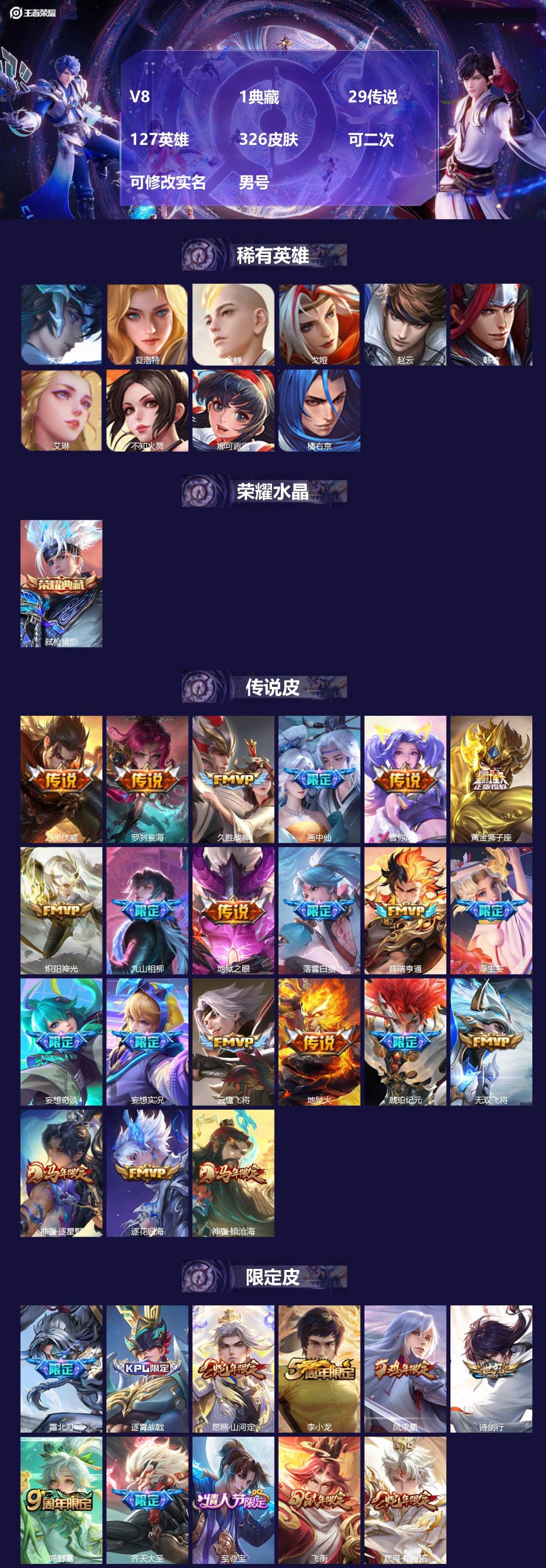 王者荣耀账号安卓QQ[26344351]V8 1典藏 29传说 127英雄 326皮肤 可二次 可修改实名 男号 
【英