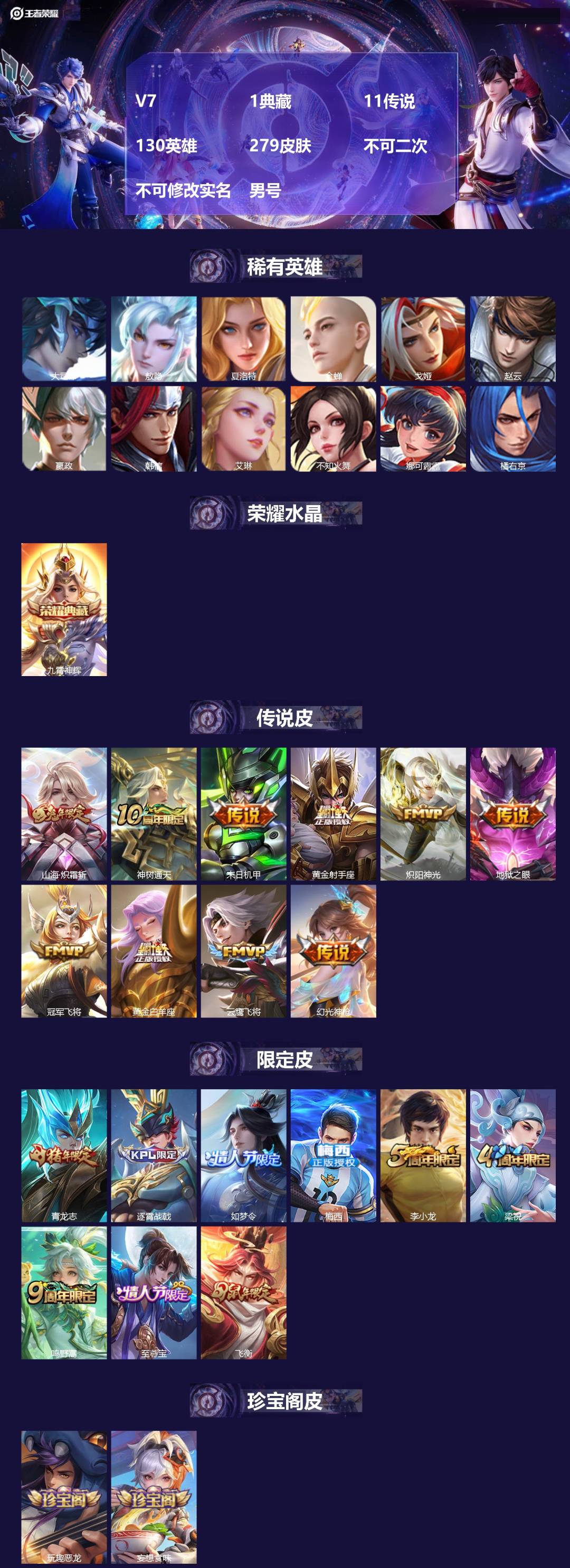 王者荣耀账号安卓QQ[26346229]V7 1典藏 11传说 130英雄 279皮肤 不可二次 不可修改实名 男号 
