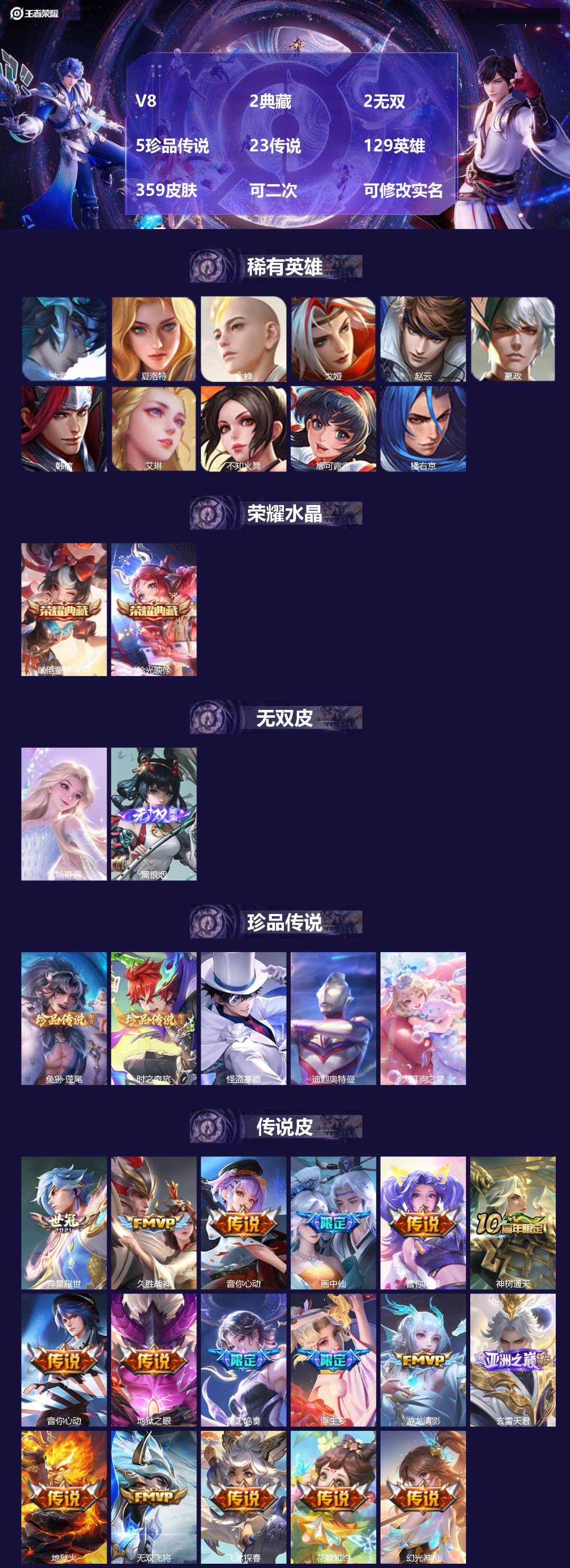 王者荣耀账号苹果QQV8 2典藏 2无双 5珍品传说 23传说 129英雄 359皮肤 可二次 可修改实名 女号 
【英