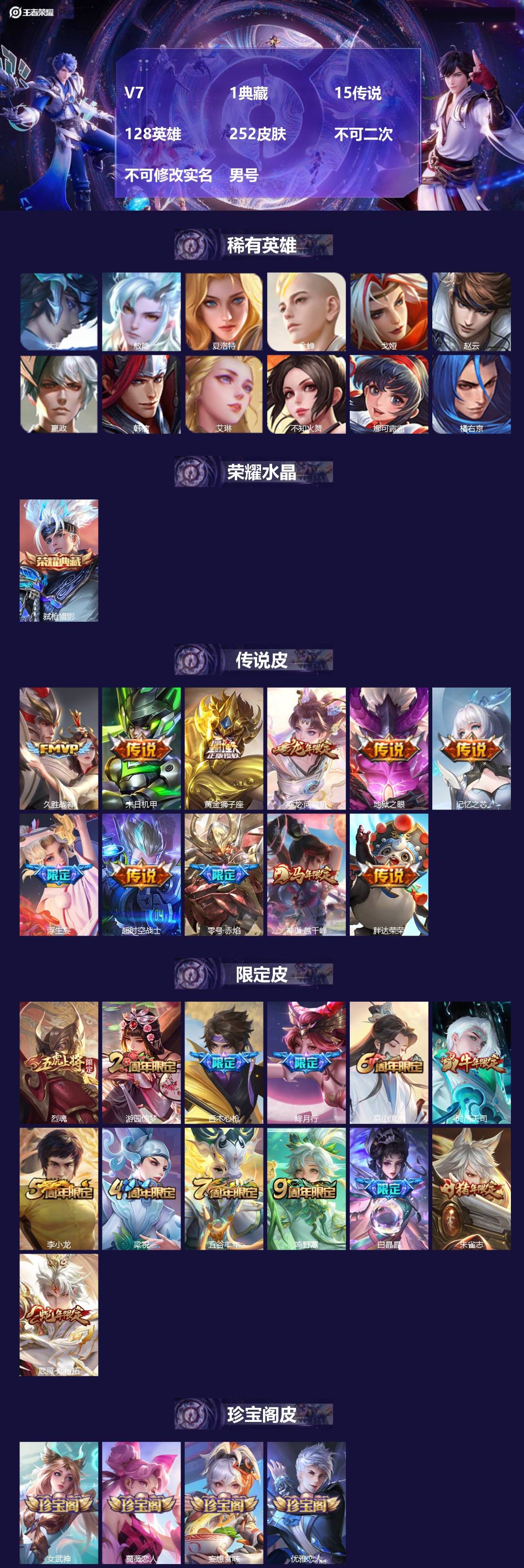 王者荣耀账号安卓QQV7 1典藏 15传说 128英雄 252皮肤 不可二次 不可修改实名 男号 
【英雄全皮】蚩奼全皮