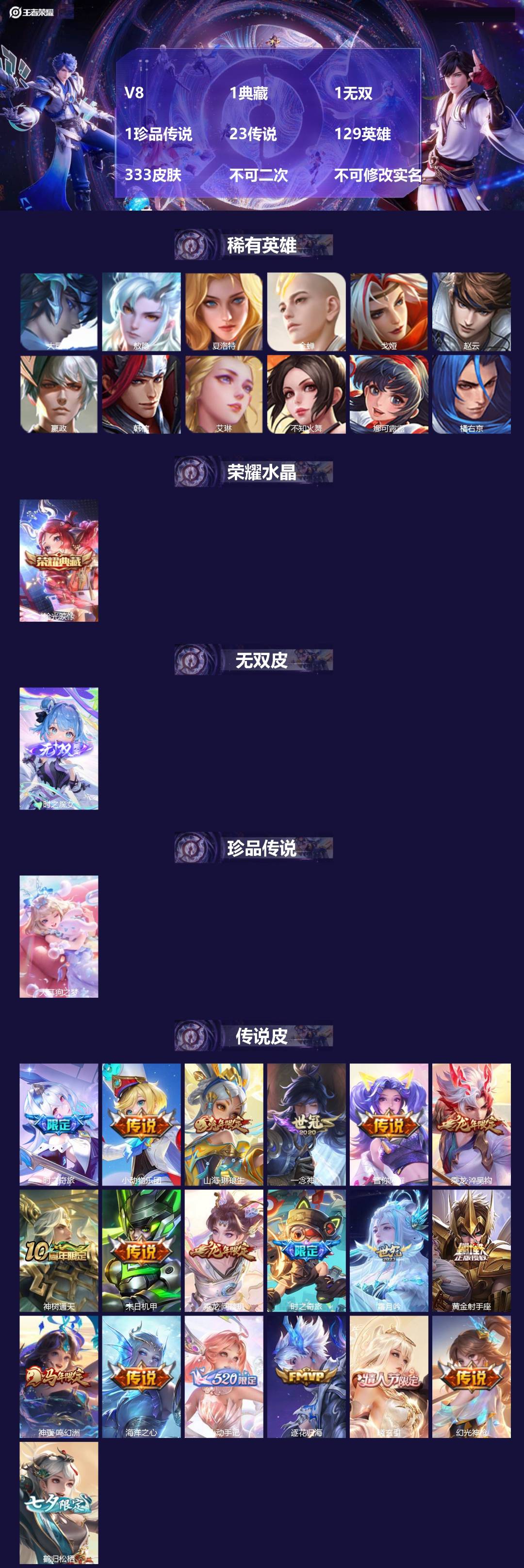 王者荣耀账号安卓QQ[26553703]V8 1典藏 1无双 1珍品传说 23传说 129英雄 333皮肤 不可二次 不