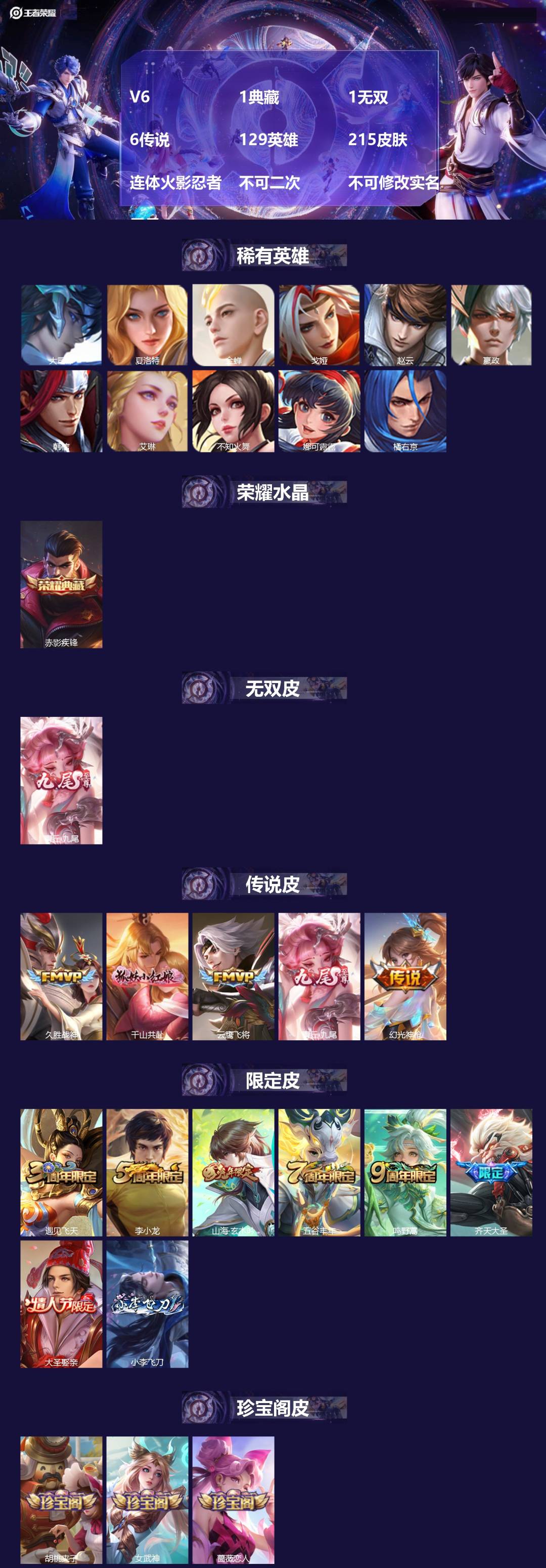 王者荣耀账号安卓QQV6 1典藏 1无双 6传说 129英雄 215皮肤 连体火影忍者 不可二次 不可修改实名 男号 
