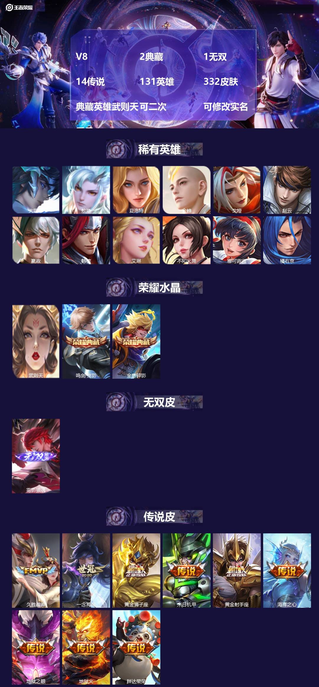 王者荣耀账号安卓QQ[26641300]V8 2典藏 1无双 14传说 131英雄 332皮肤 典藏英雄武则天 可二次 