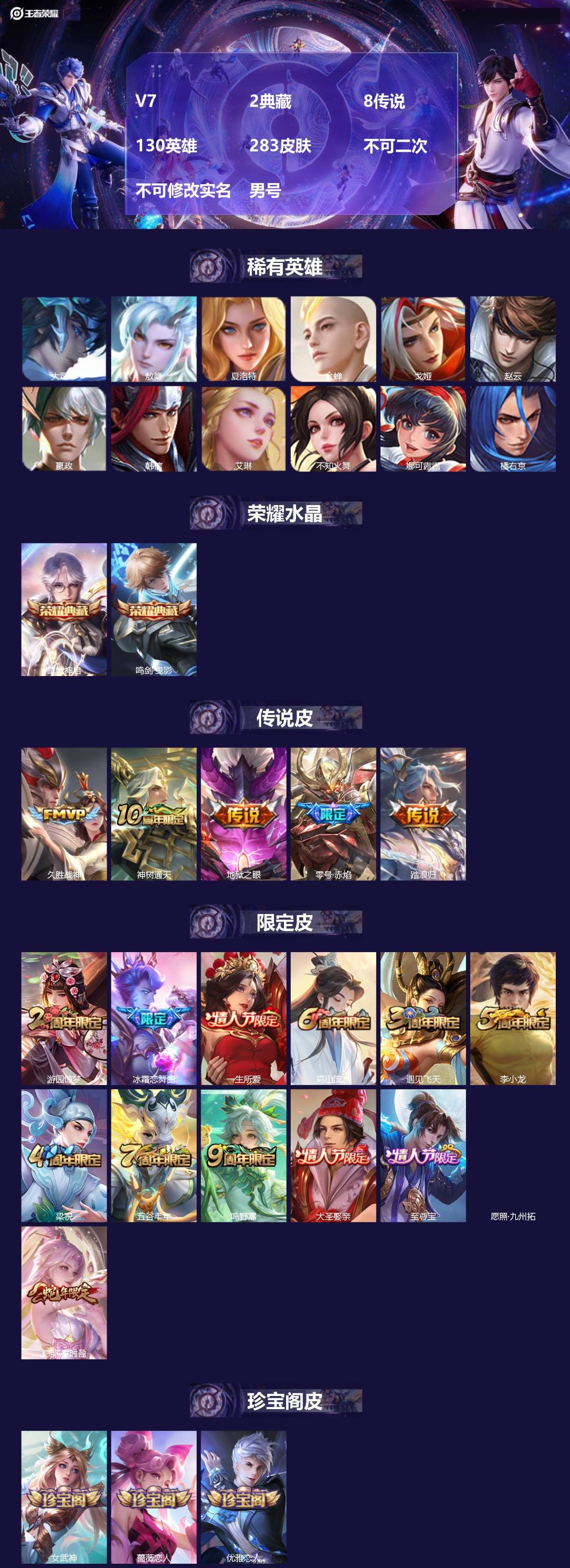 王者荣耀账号安卓QQ[26646270]V7 2典藏 8传说 130英雄 283皮肤 不可二次 不可修改实名 男号 
【