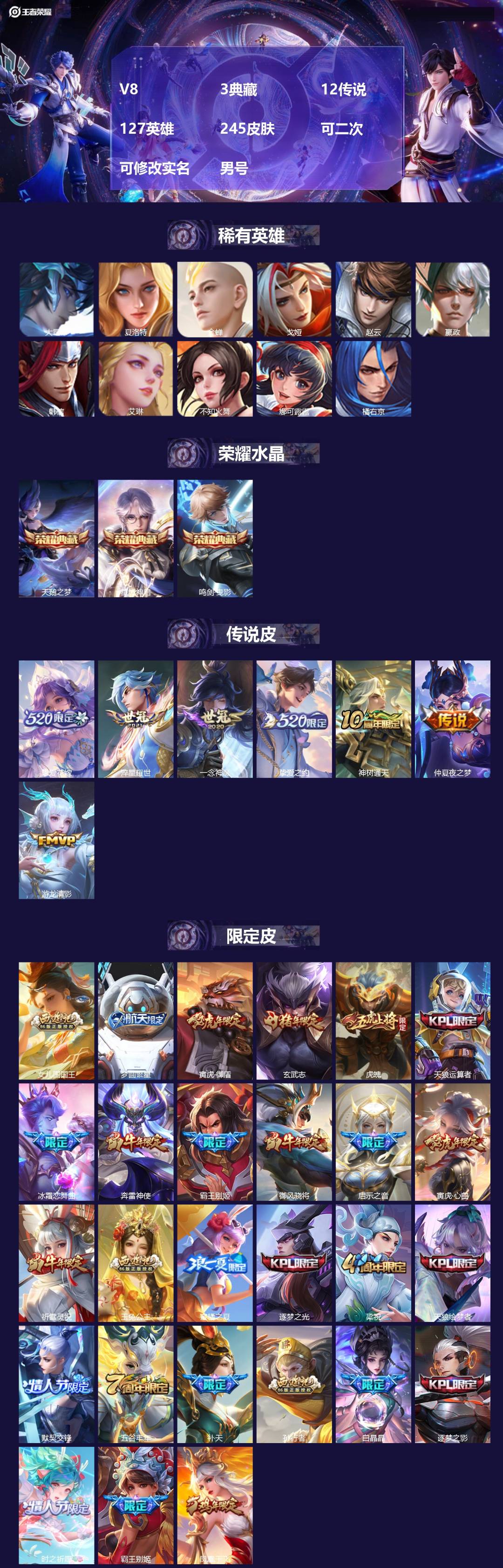 王者荣耀账号苹果QQ[26663544]V8 3典藏 12传说 127英雄 245皮肤 可二次 可修改实名 男号 
【英