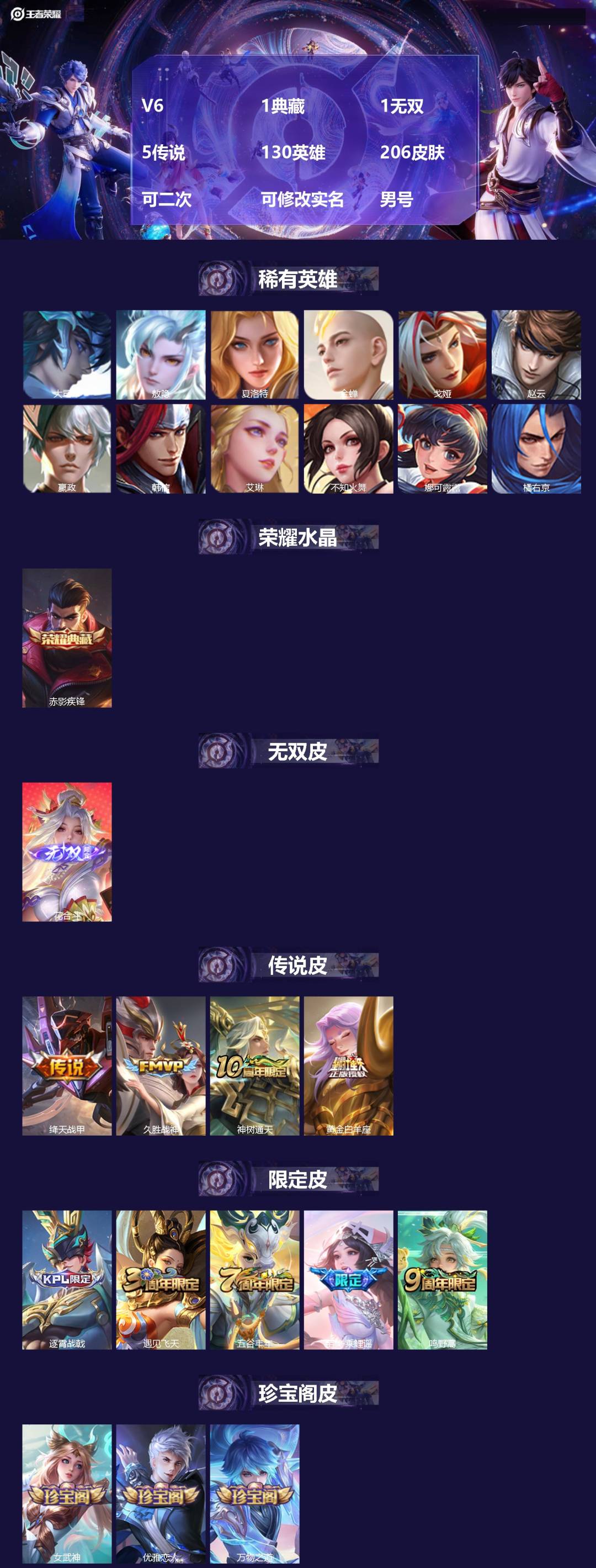 王者荣耀账号安卓QQ[26670613]V6 1典藏 1无双 5传说 130英雄 206皮肤 可二次 可修改实名 男号 