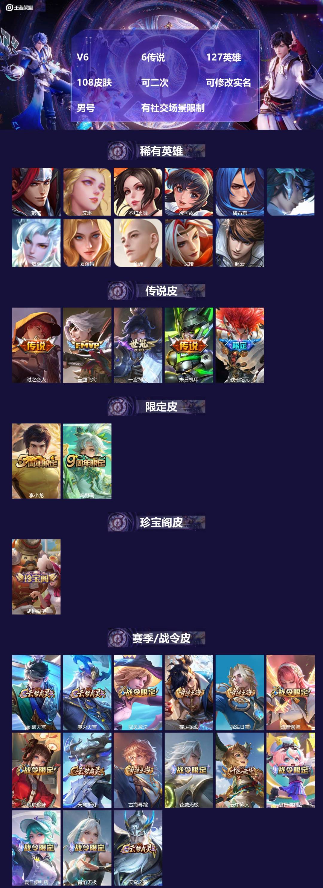 王者荣耀账号安卓VXV6 6传说 127英雄 108皮肤 可二次 可修改实名 男号 有社交场景限制 
【英雄全皮】空空儿