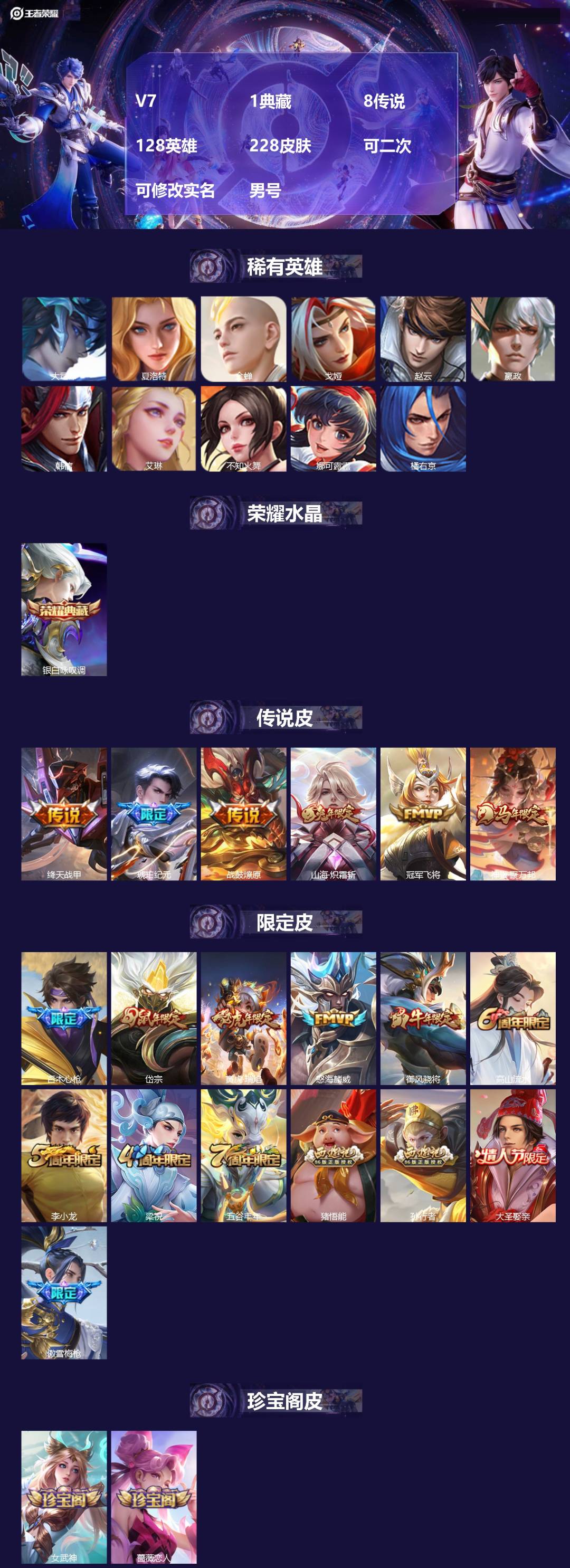 王者荣耀账号安卓QQV7 1典藏 8传说 128英雄 228皮肤 可二次 可修改实名 男号 
【英雄全皮】蚩奼全皮
【稀