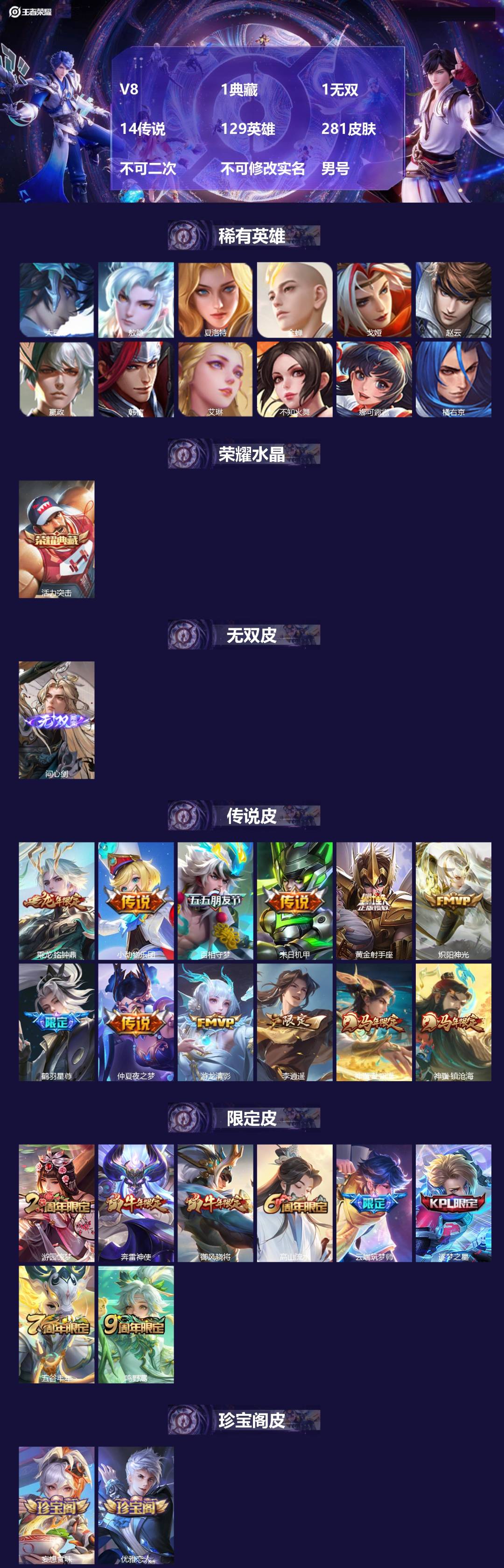 王者荣耀账号安卓QQV8 1典藏 1无双 14传说 129英雄 281皮肤 不可二次 不可修改实名 男号 
【英雄全皮】