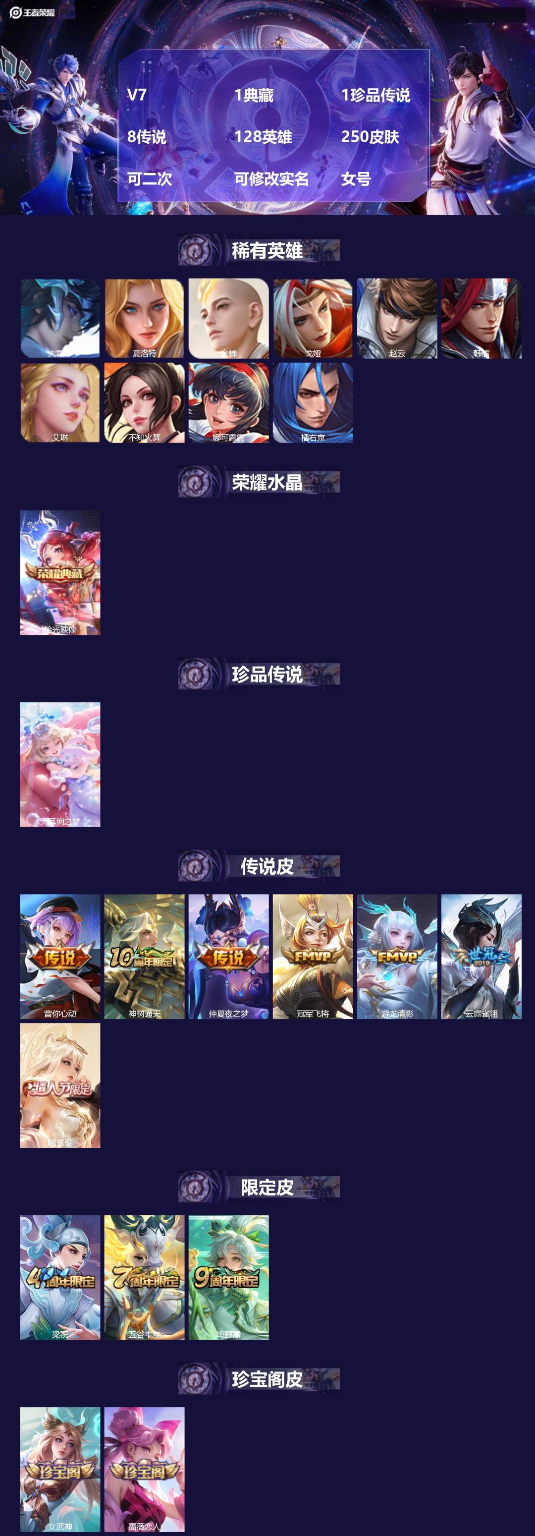 王者荣耀账号安卓QQ[26789118]V7 1典藏 1珍品传说 8传说 128英雄 250皮肤 可二次 可修改实名 女
