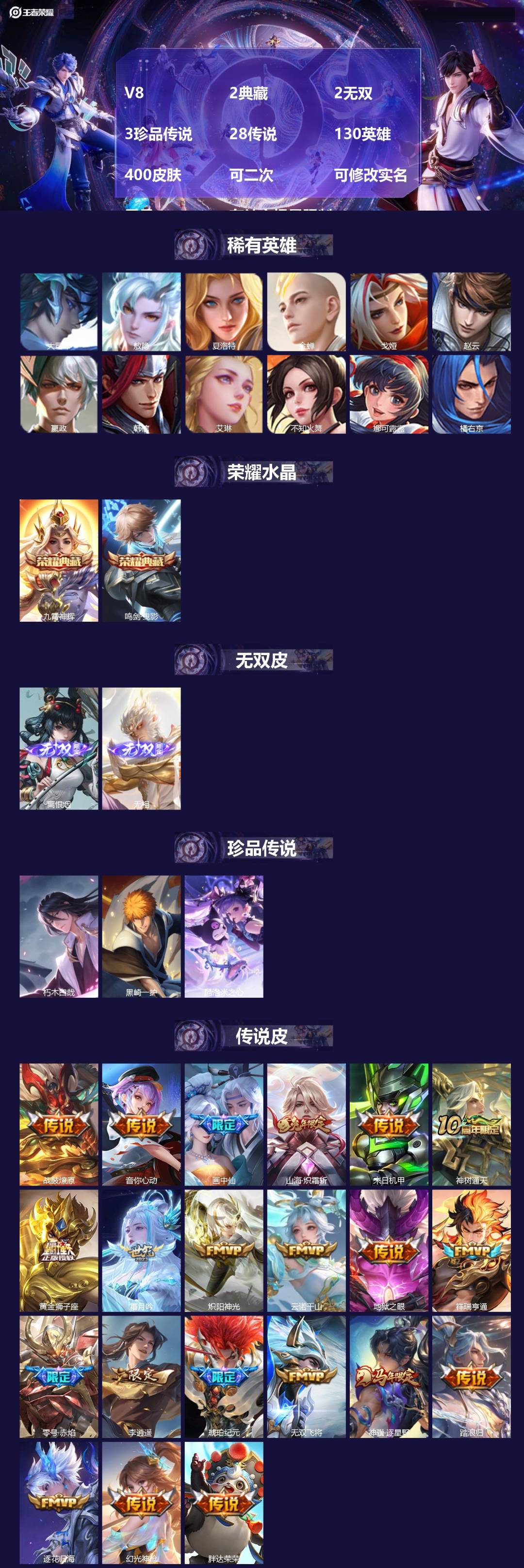 王者荣耀账号安卓VXV8 2典藏 2无双 3珍品传说 28传说 130英雄 400皮肤 可二次 可修改实名 男号 有社交
