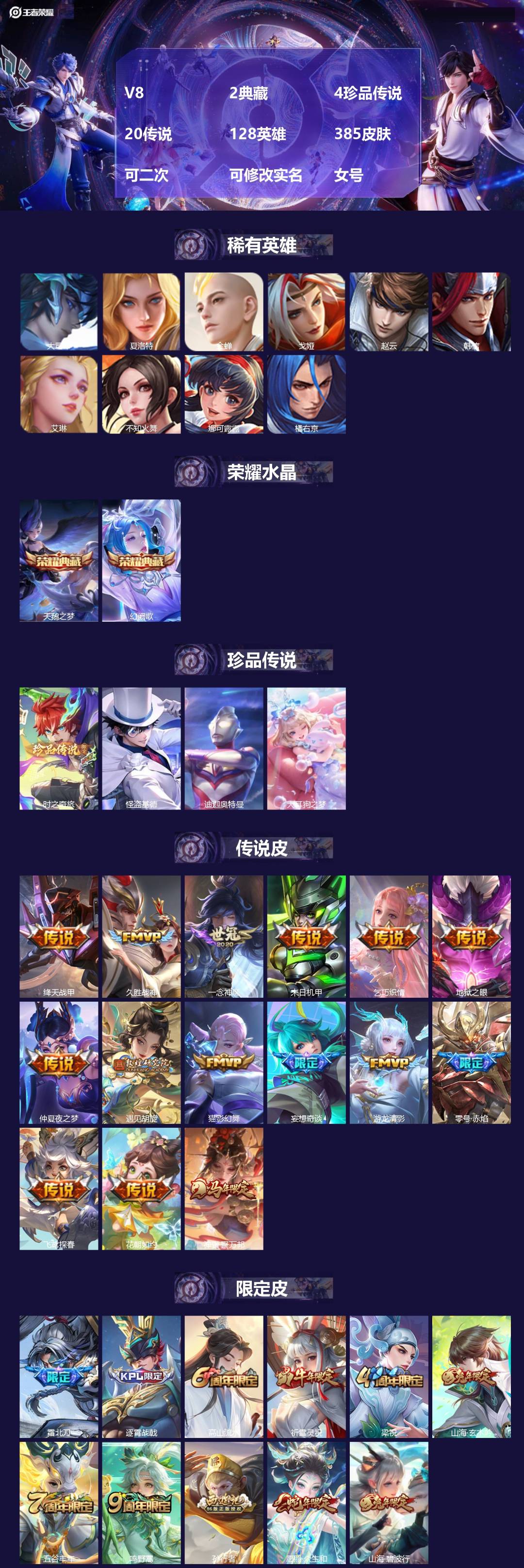 王者荣耀账号安卓QQ[26829088]V8 2典藏 4珍品传说 20传说 128英雄 385皮肤 可二次 可修改实名 