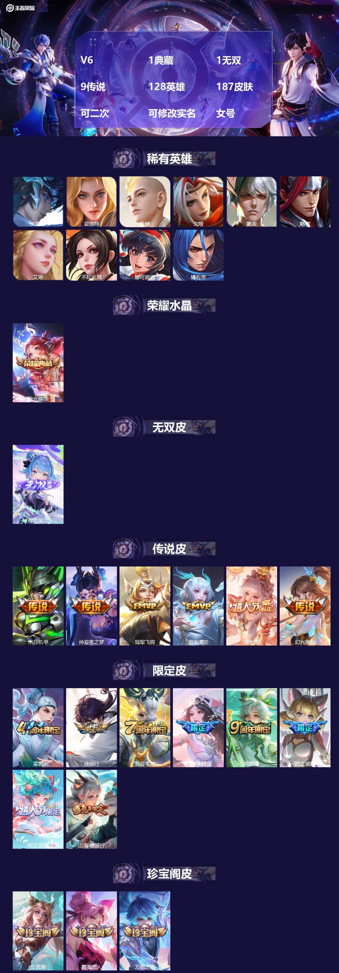 王者荣耀账号安卓QQ[26831362]V6 1典藏 1无双 9传说 128英雄 187皮肤 可二次 可修改实名 女号 