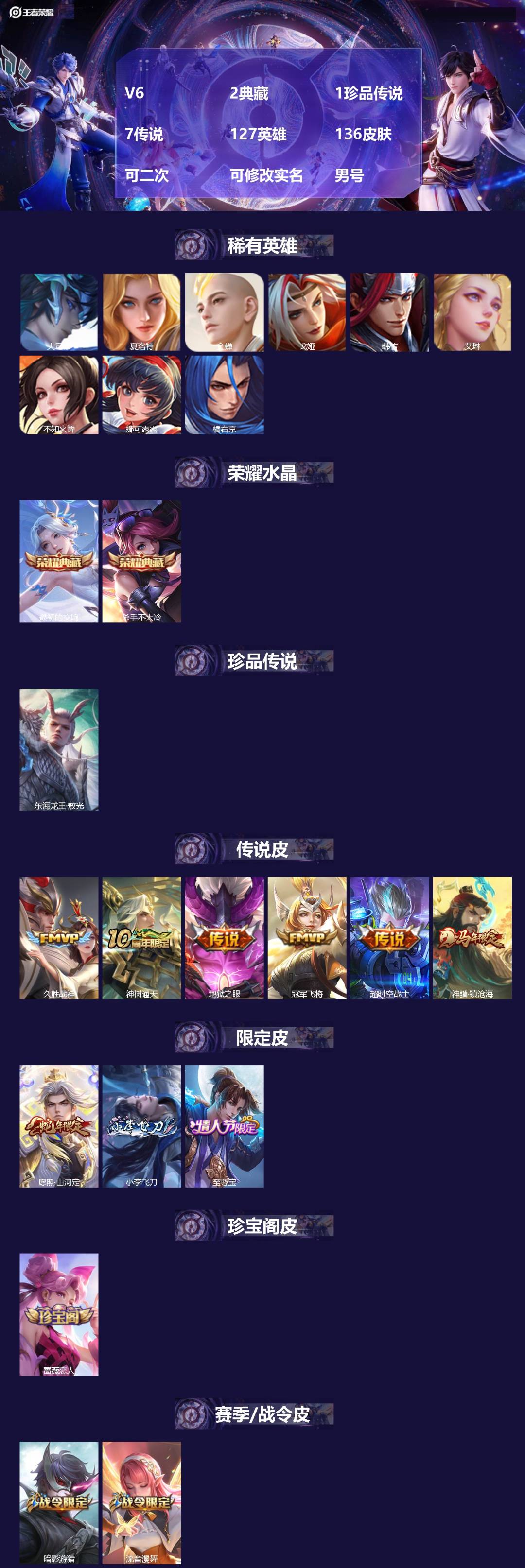 王者荣耀账号安卓VXV6 2典藏 1珍品传说 7传说 127英雄 136皮肤 可二次 可修改实名 男号 
【英雄全皮】孙