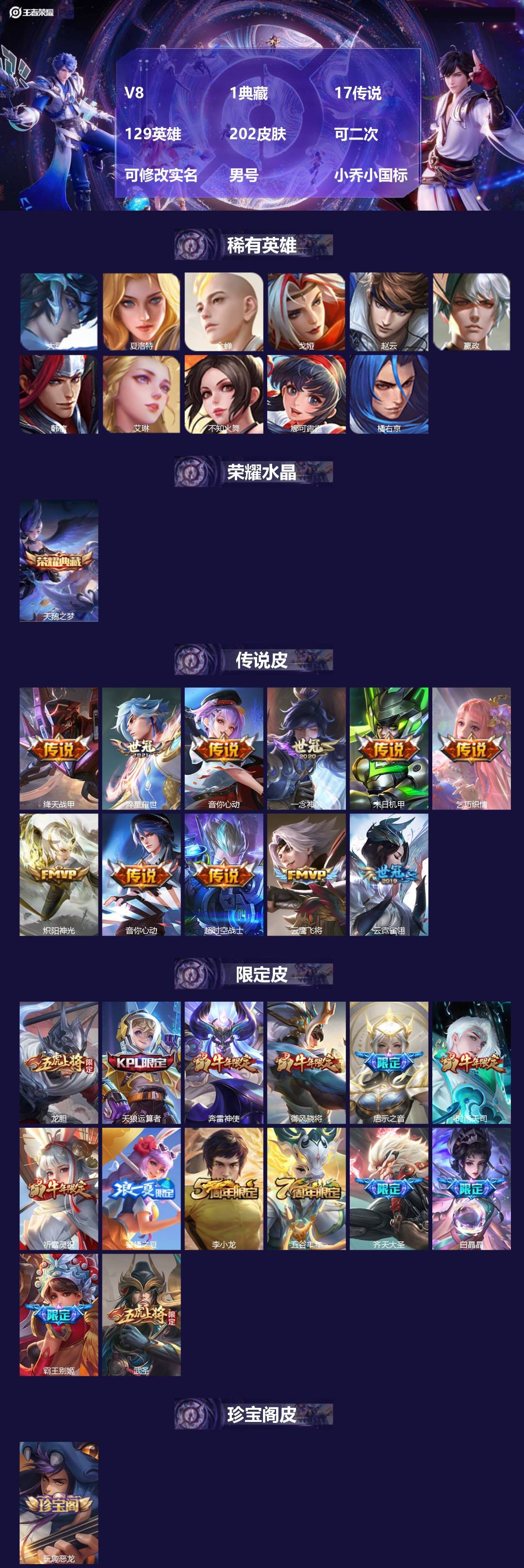 王者荣耀账号安卓QQV8 1典藏 17传说 129英雄 202皮肤 可二次 可修改实名 男号 小乔小国标
【稀有英雄】大