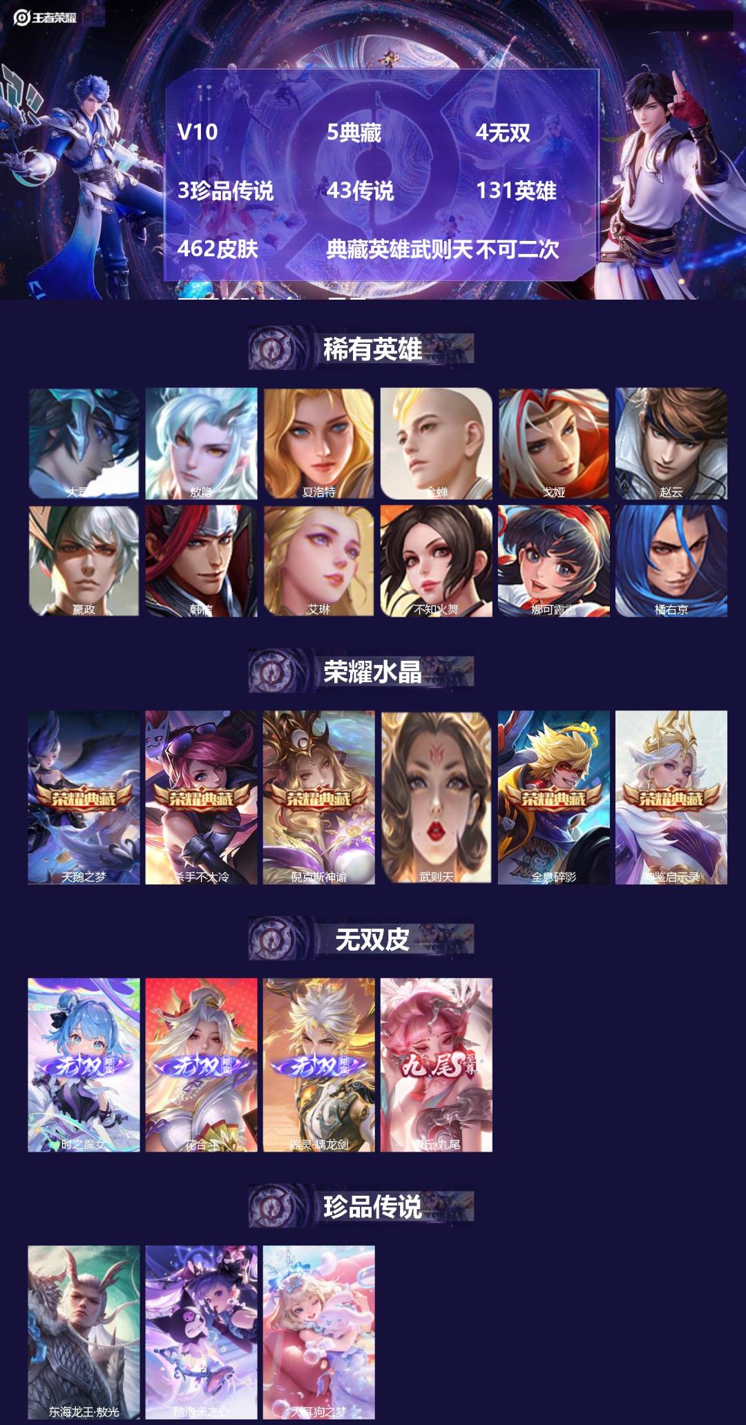 王者荣耀账号安卓QQV10 5典藏 4无双 3珍品传说 43传说 131英雄 462皮肤 典藏英雄武则天 不可二次 不可
