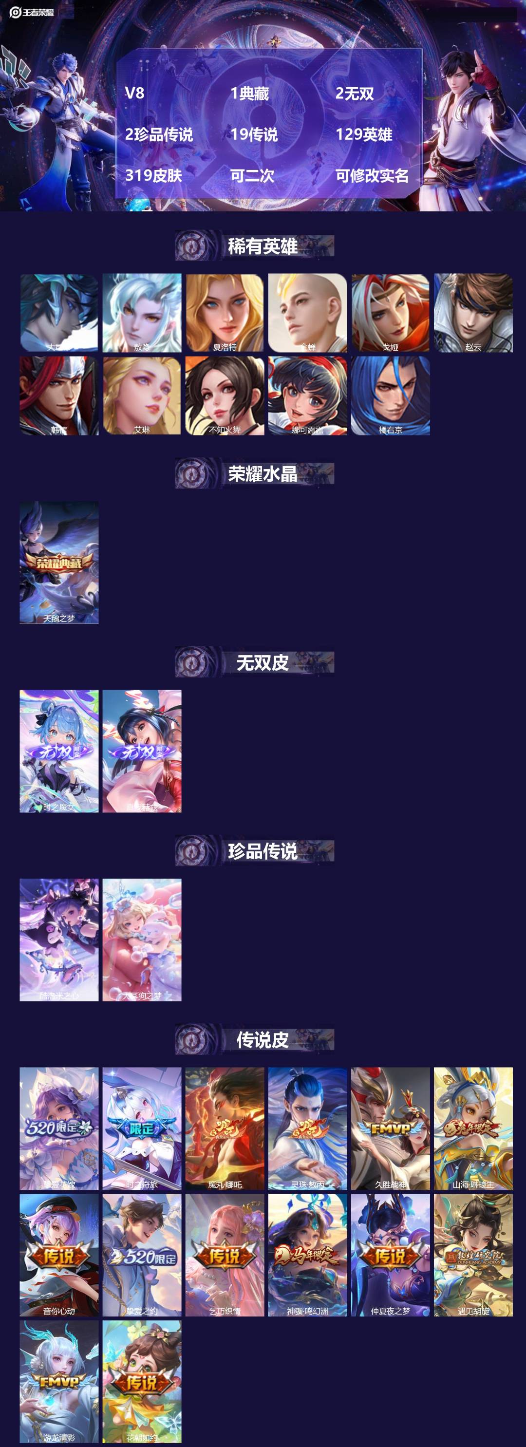 王者荣耀账号安卓QQV8 1典藏 2无双 2珍品传说 19传说 129英雄 319皮肤 可二次 可修改实名 女号 
【英