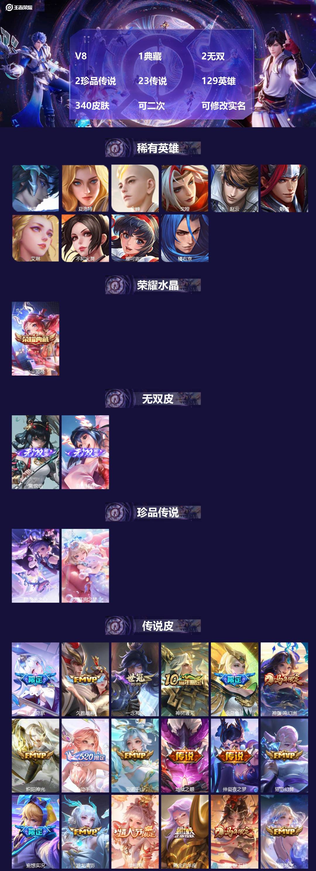 王者荣耀账号安卓QQV8 1典藏 2无双 2珍品传说 23传说 129英雄 340皮肤 可二次 可修改实名 女号 
【英