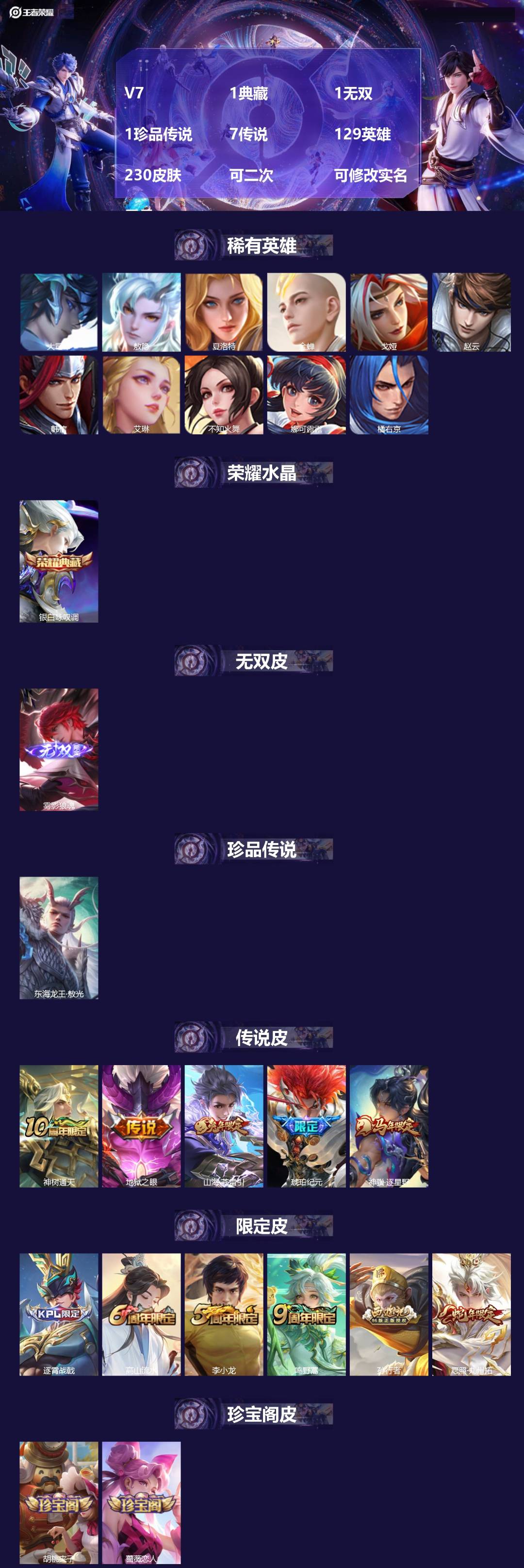 王者荣耀账号安卓QQ[26896364]V7 1典藏 1无双 1珍品传说 7传说 129英雄 230皮肤 可二次 可修改
