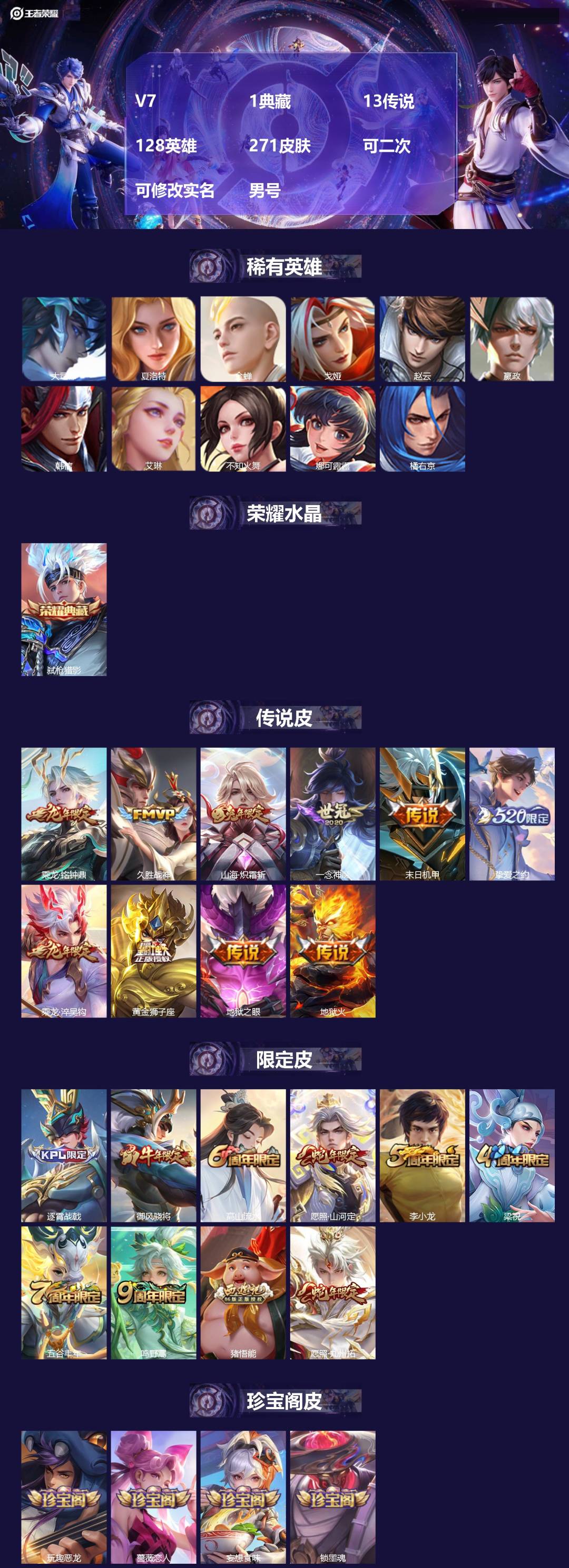 王者荣耀账号安卓QQ[26933265]V7 1典藏 13传说 128英雄 271皮肤 可二次 可修改实名 男号 
【英