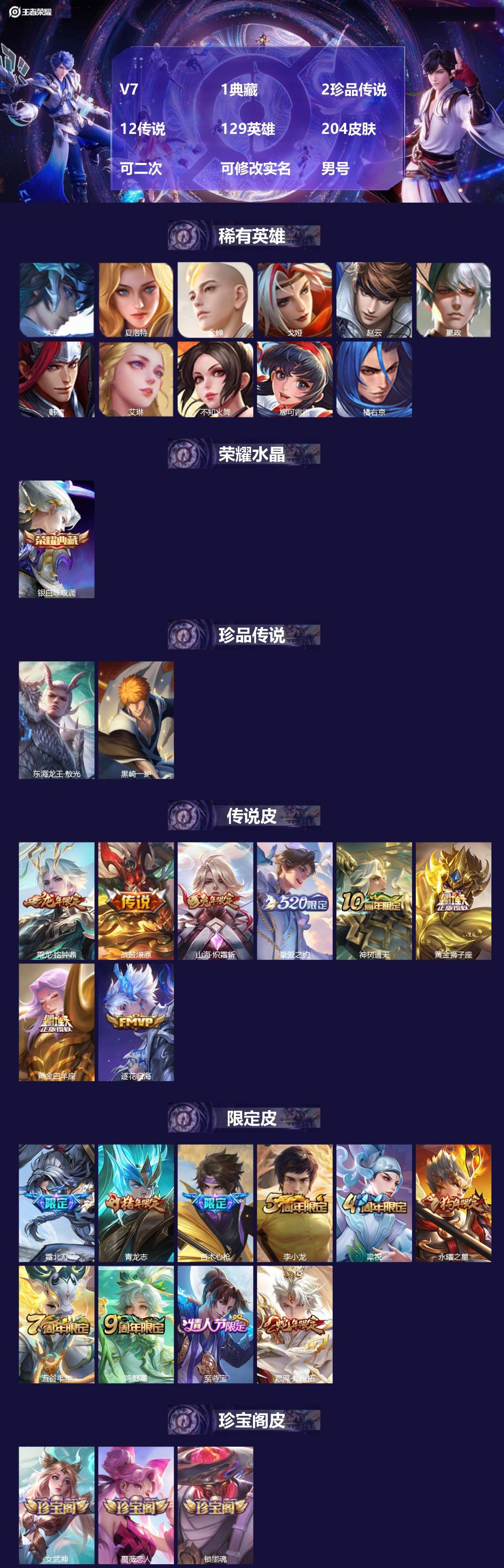 王者荣耀账号安卓QQV7 1典藏 2珍品传说 12传说 129英雄 204皮肤 可二次 可修改实名 男号 
【英雄全皮】