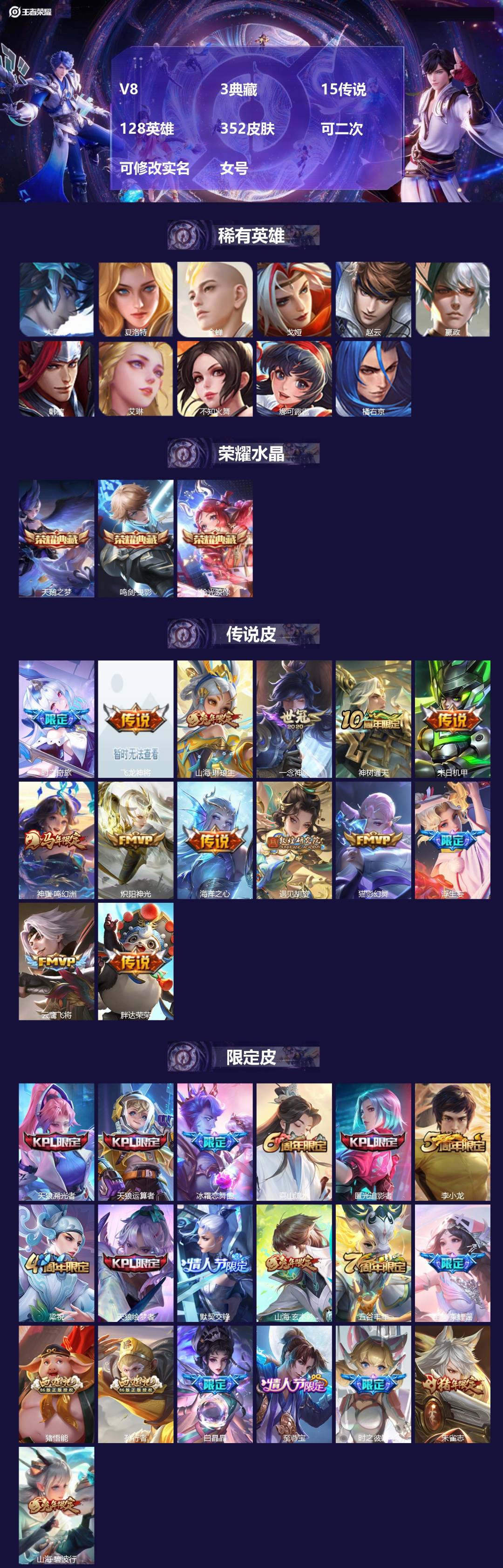 王者荣耀账号安卓QQ[27039410]V8 3典藏 15传说 128英雄 352皮肤 可二次 可修改实名 女号 
【英