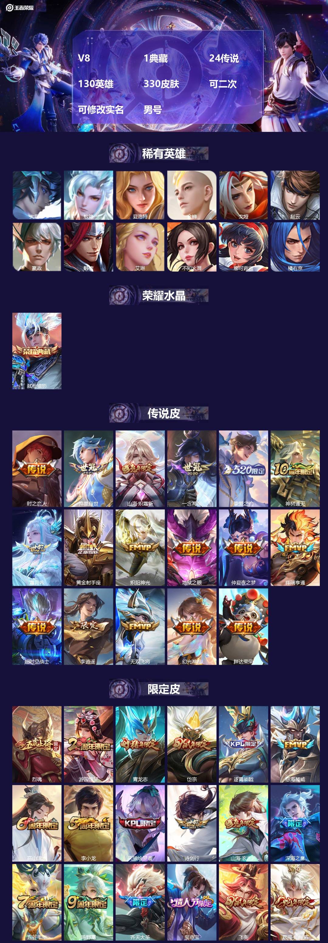 王者荣耀账号安卓VX[27092782]V8 1典藏 24传说 130英雄 330皮肤 可二次 可修改实名 男号 
【英