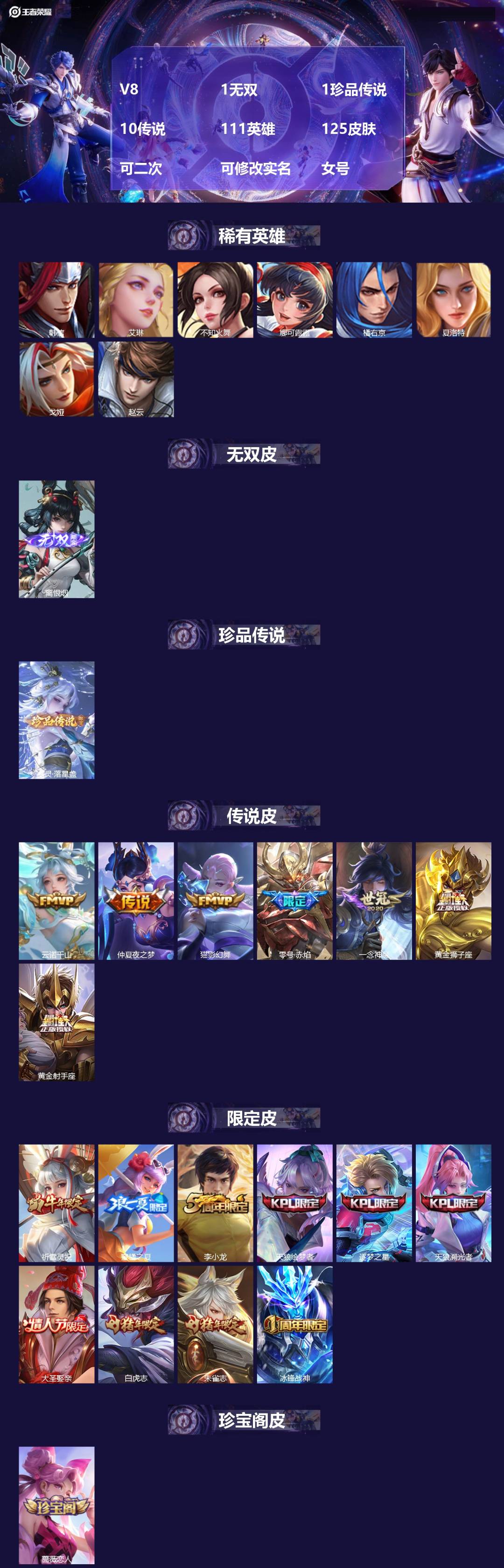 王者荣耀账号安卓VX[27130256]V8 1无双 1珍品传说 10传说 111英雄 125皮肤 可二次 可修改实名 