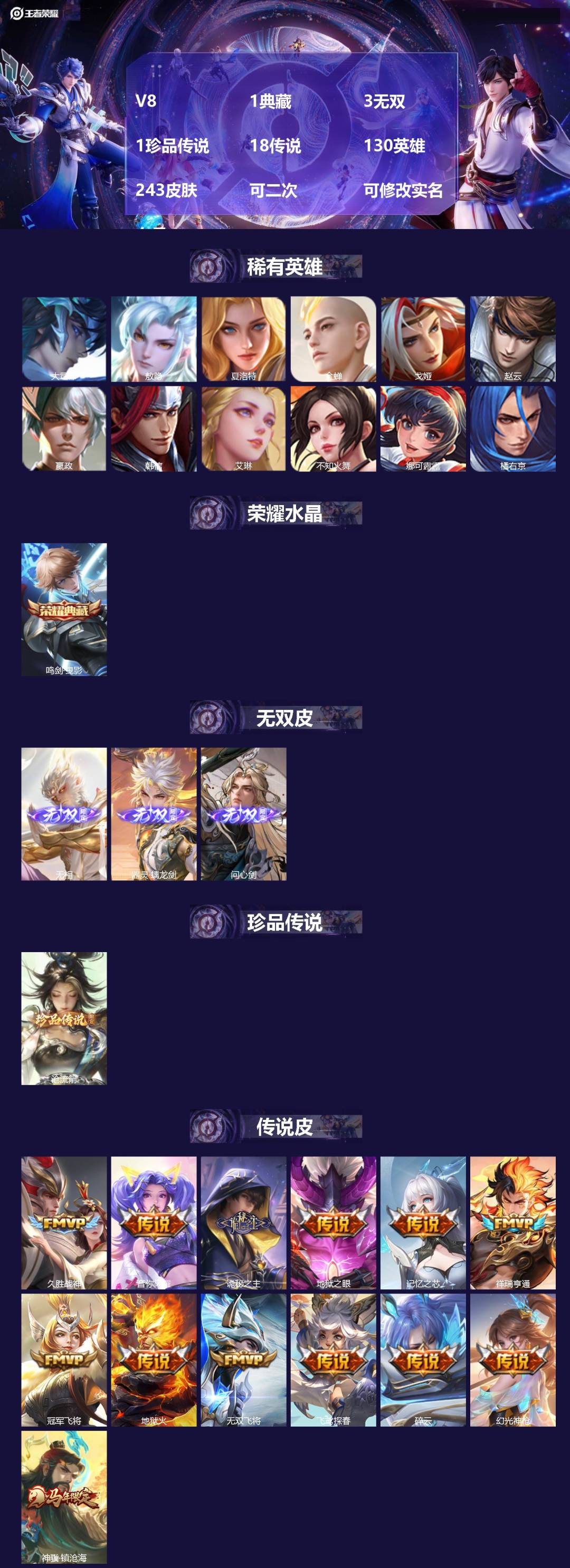 王者荣耀账号安卓QQV8 1典藏 3无双 1珍品传说 18传说 130英雄 243皮肤 可二次 可修改实名 女号 
【英
