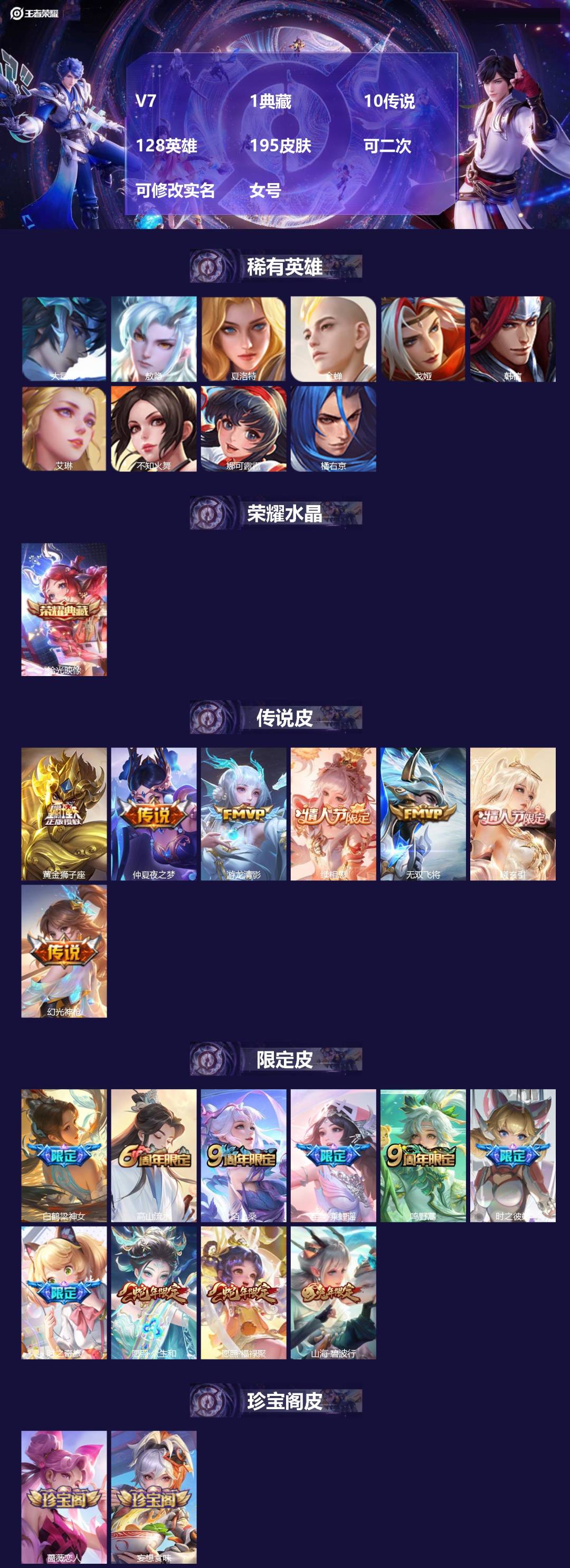 王者荣耀账号安卓QQ[27143548]V7 1典藏 10传说 128英雄 195皮肤 可二次 可修改实名 女号 
【英