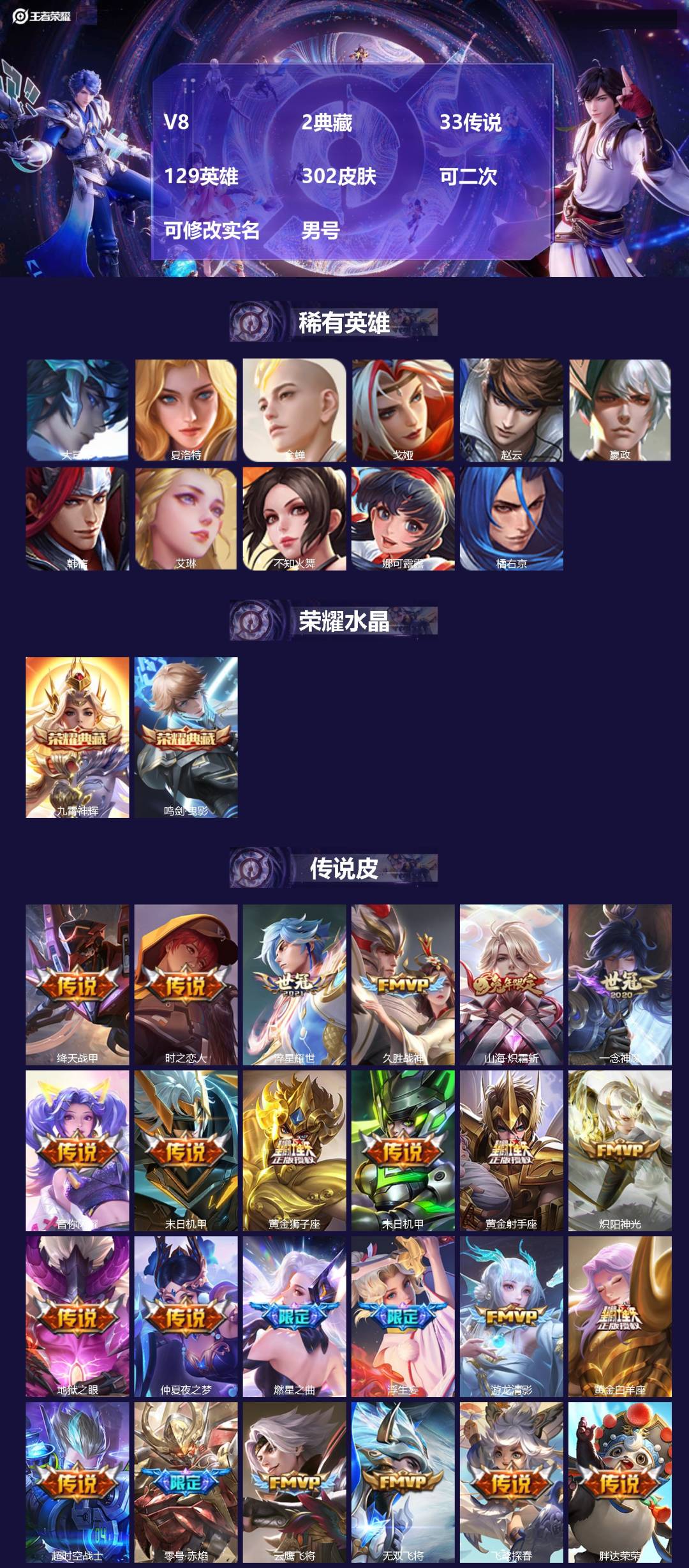 王者荣耀账号安卓QQ[27154210]V8 2典藏 33传说 129英雄 302皮肤 可二次 可修改实名 男号 
【英