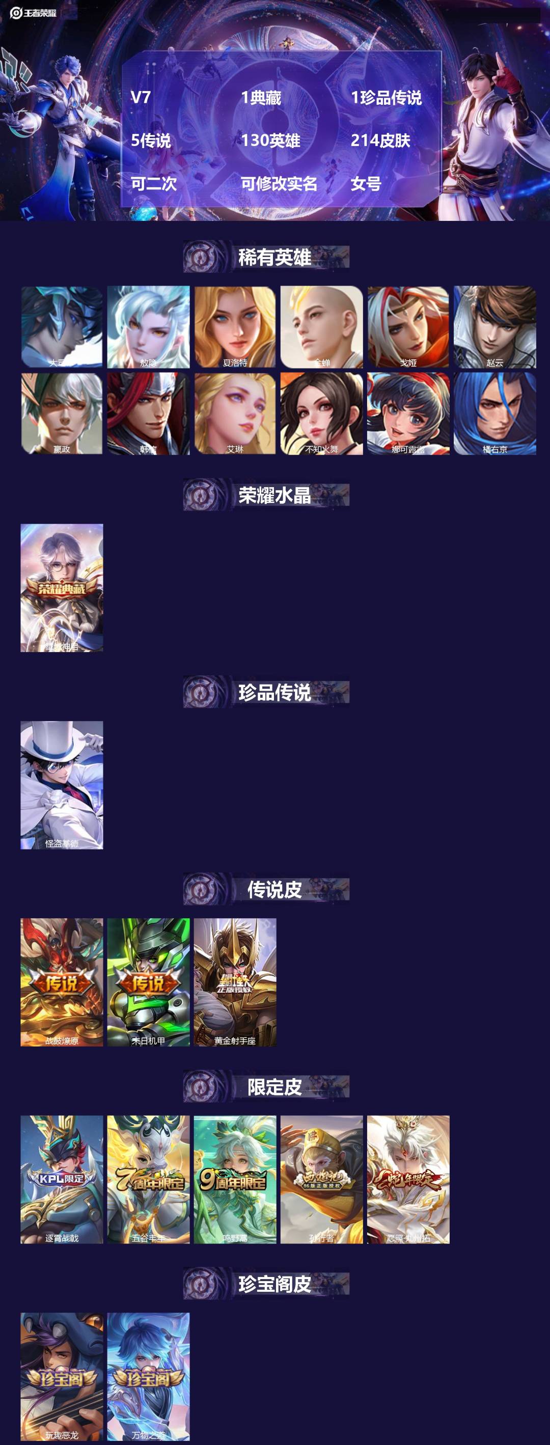 王者荣耀账号安卓QQ[27154721]V7 1典藏 1珍品传说 5传说 130英雄 214皮肤 可二次 可修改实名 女