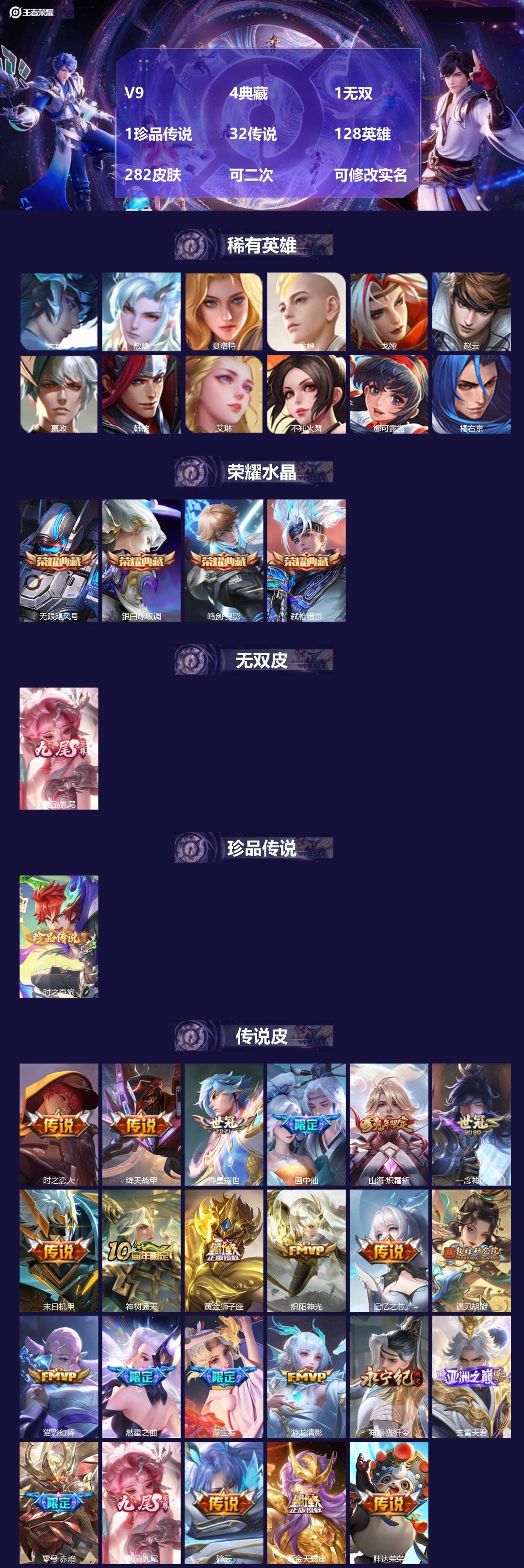 王者荣耀账号苹果VXV9 4典藏 1无双 1珍品传说 32传说 128英雄 282皮肤 可二次 可修改实名 男号 
【英