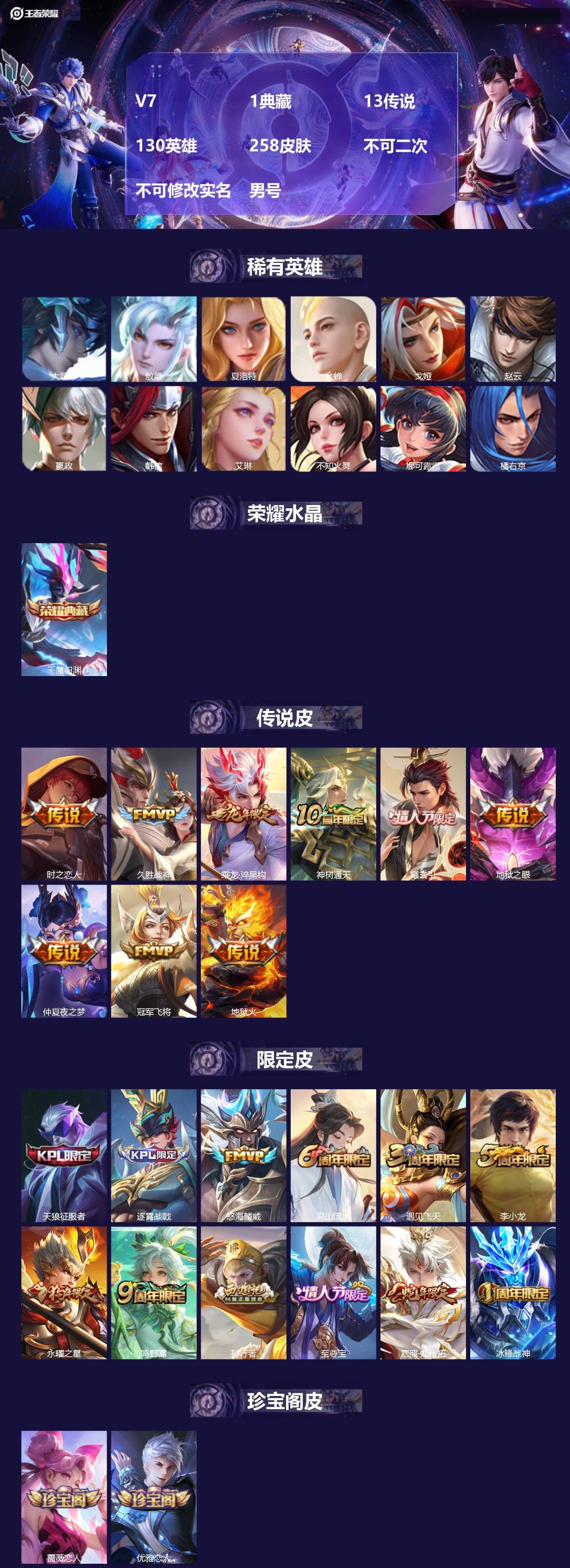 王者荣耀账号苹果QQ[27190086]V7 1典藏 13传说 130英雄 258皮肤 不可二次 不可修改实名 男号 

