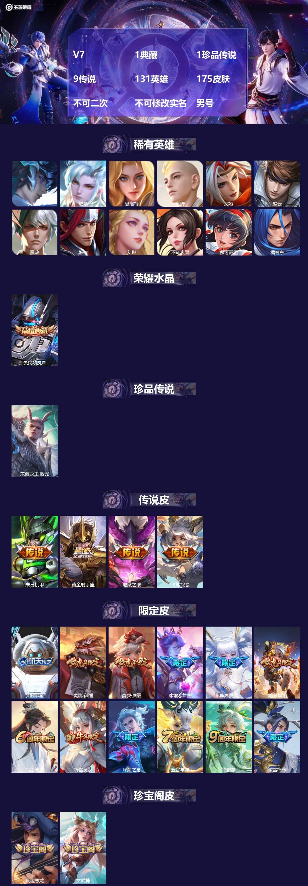 王者荣耀账号安卓QQ[27190340]V7 1典藏 1珍品传说 9传说 131英雄 175皮肤 不可二次 不可修改实名