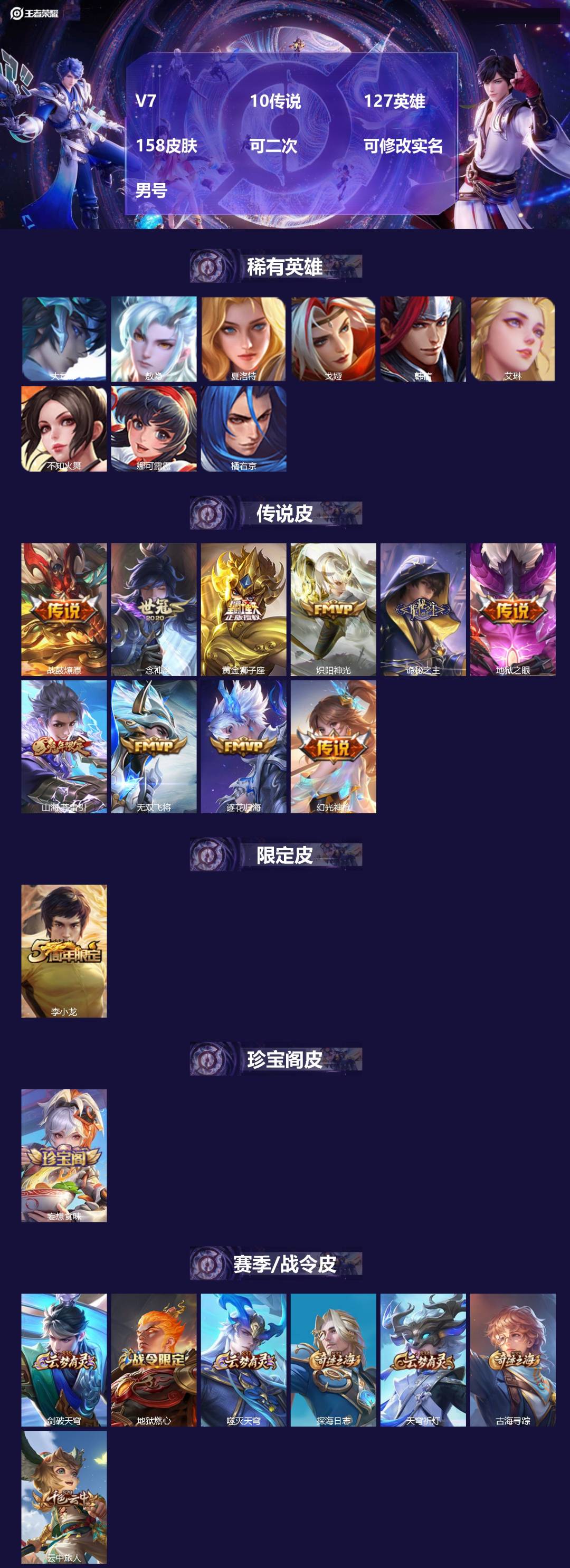 王者荣耀账号苹果QQ[27231497]V7 10传说 127英雄 158皮肤 可二次 可修改实名 男号 
【英雄全皮】