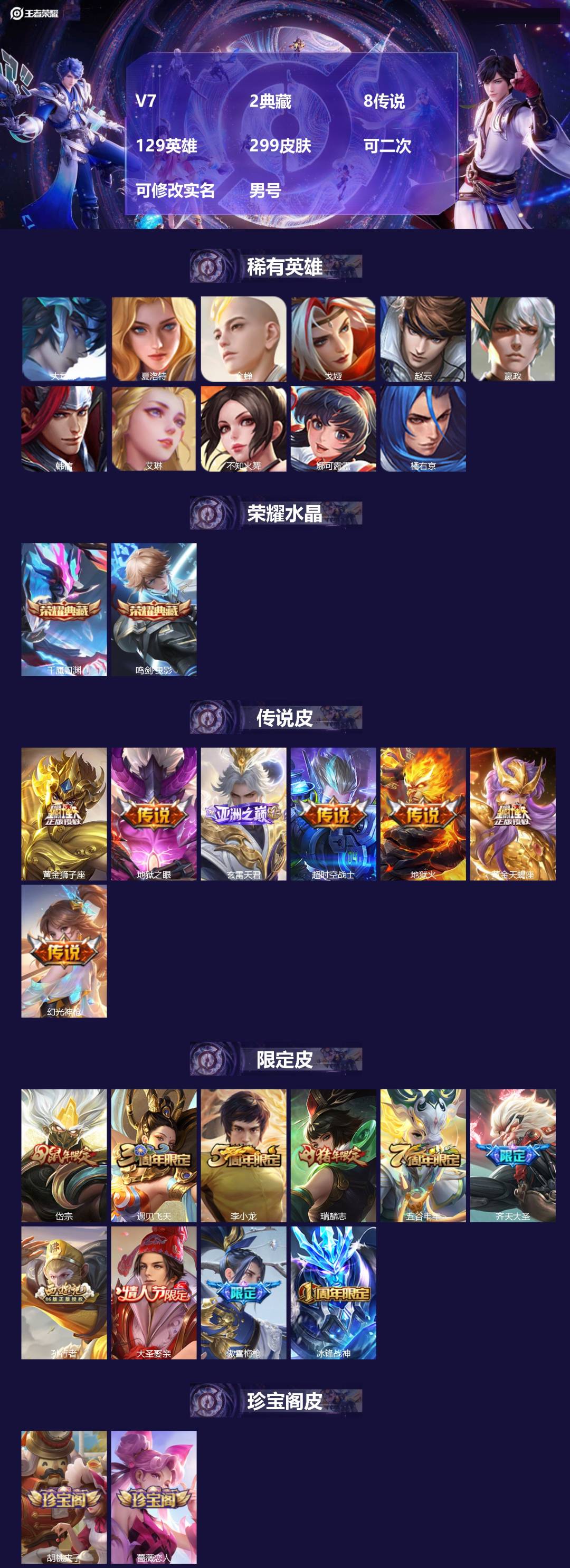 王者荣耀账号安卓QQ[27239293]V7 2典藏 8传说 129英雄 299皮肤 可二次 可修改实名 男号 
【英雄